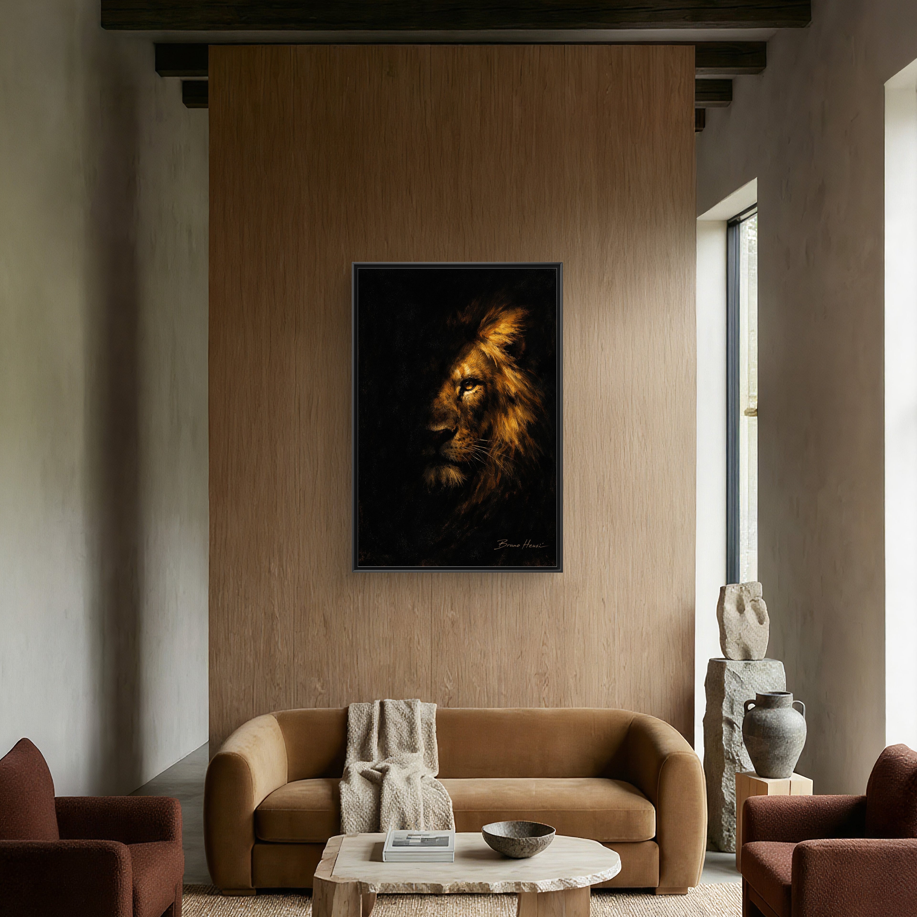 Majestic Lion Portrait Framed Canvas Wall Art — Golden Mane on Black Matte Print