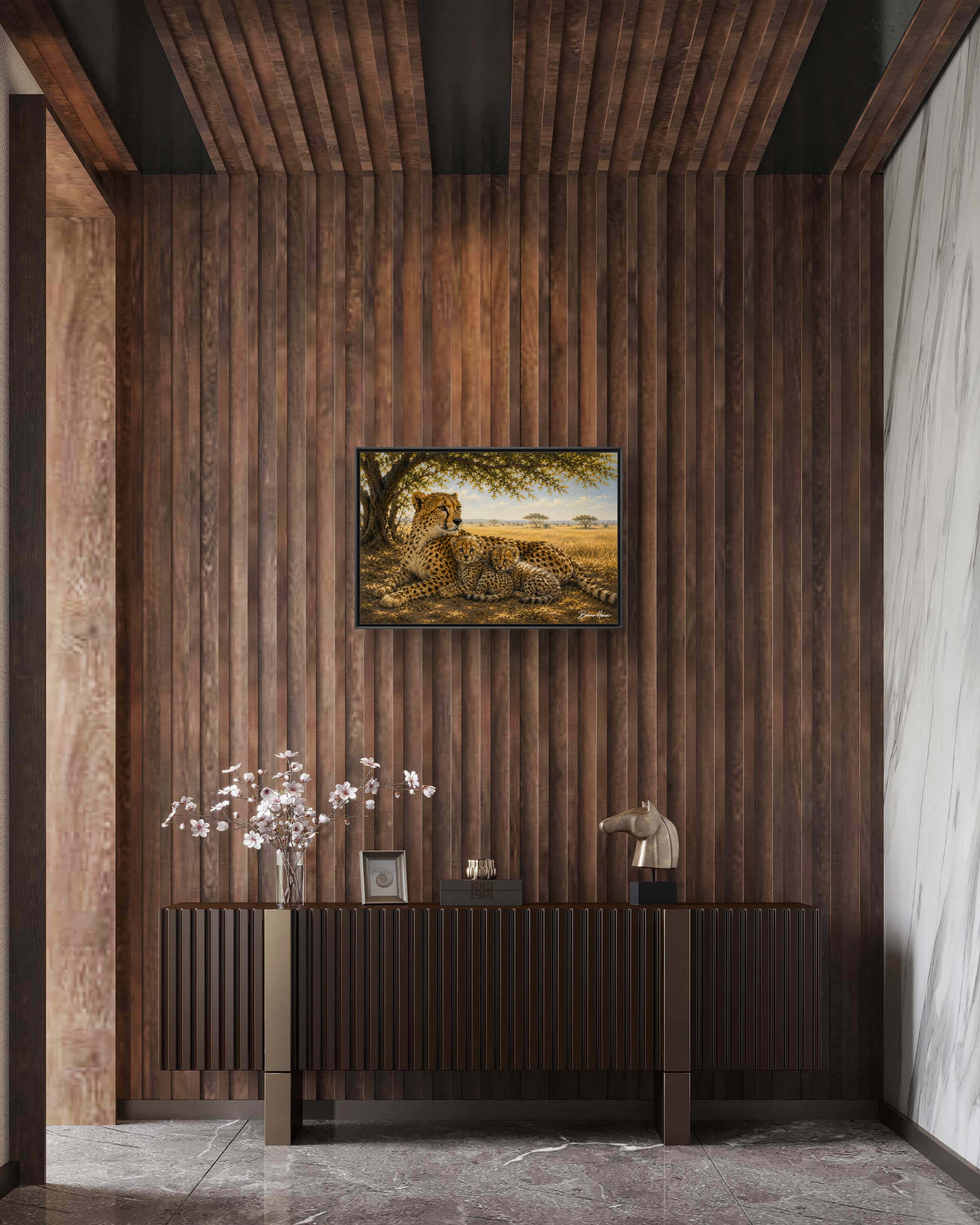 Cheetah Mother & Cubs Framed Canvas Wall Art – African Wildlife Safari Print