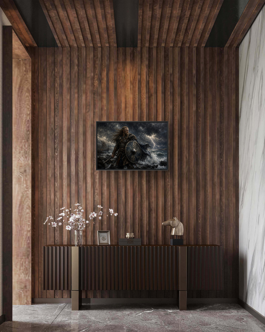 Viking Warrior Matte Framed Canvas Print — Stormy Norse Shield and Axe Wall Art
