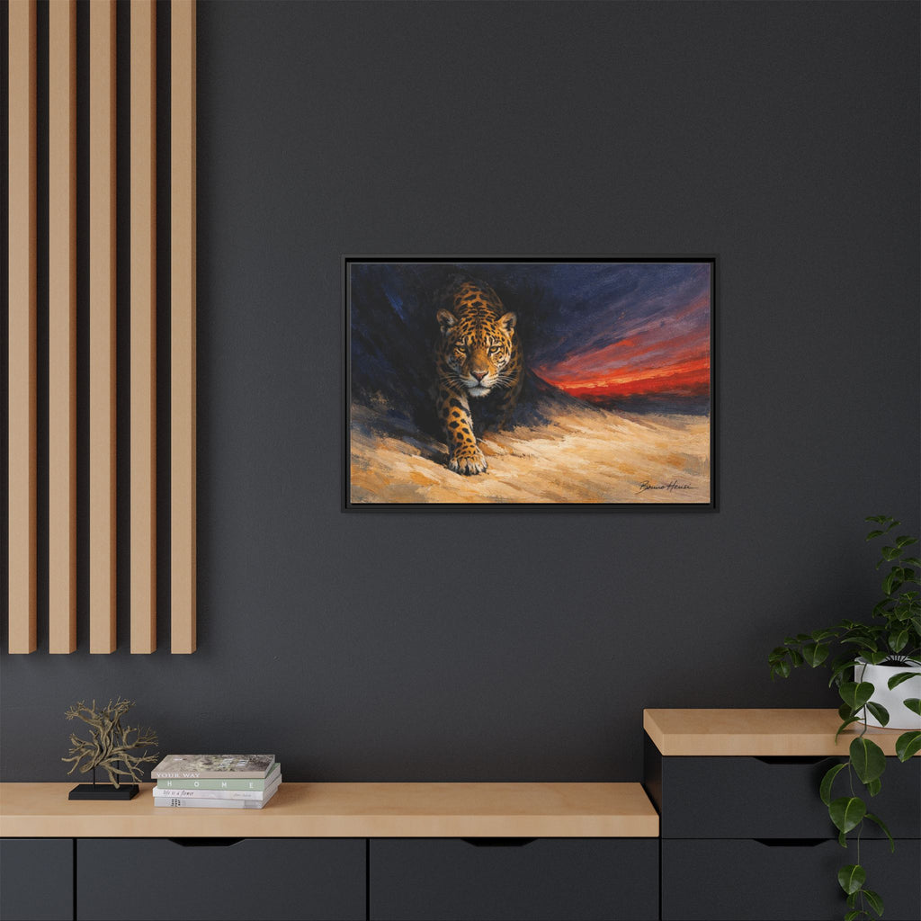 Framed Jaguar Canvas Art – Majestic Big Cat Painting with Sunset Sky