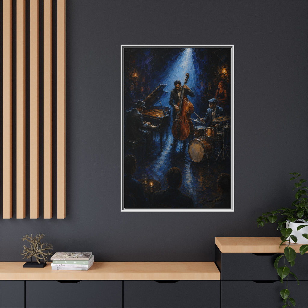 Framed Jazz Quartet Canvas Wall Art – Moody Blue Music Scene