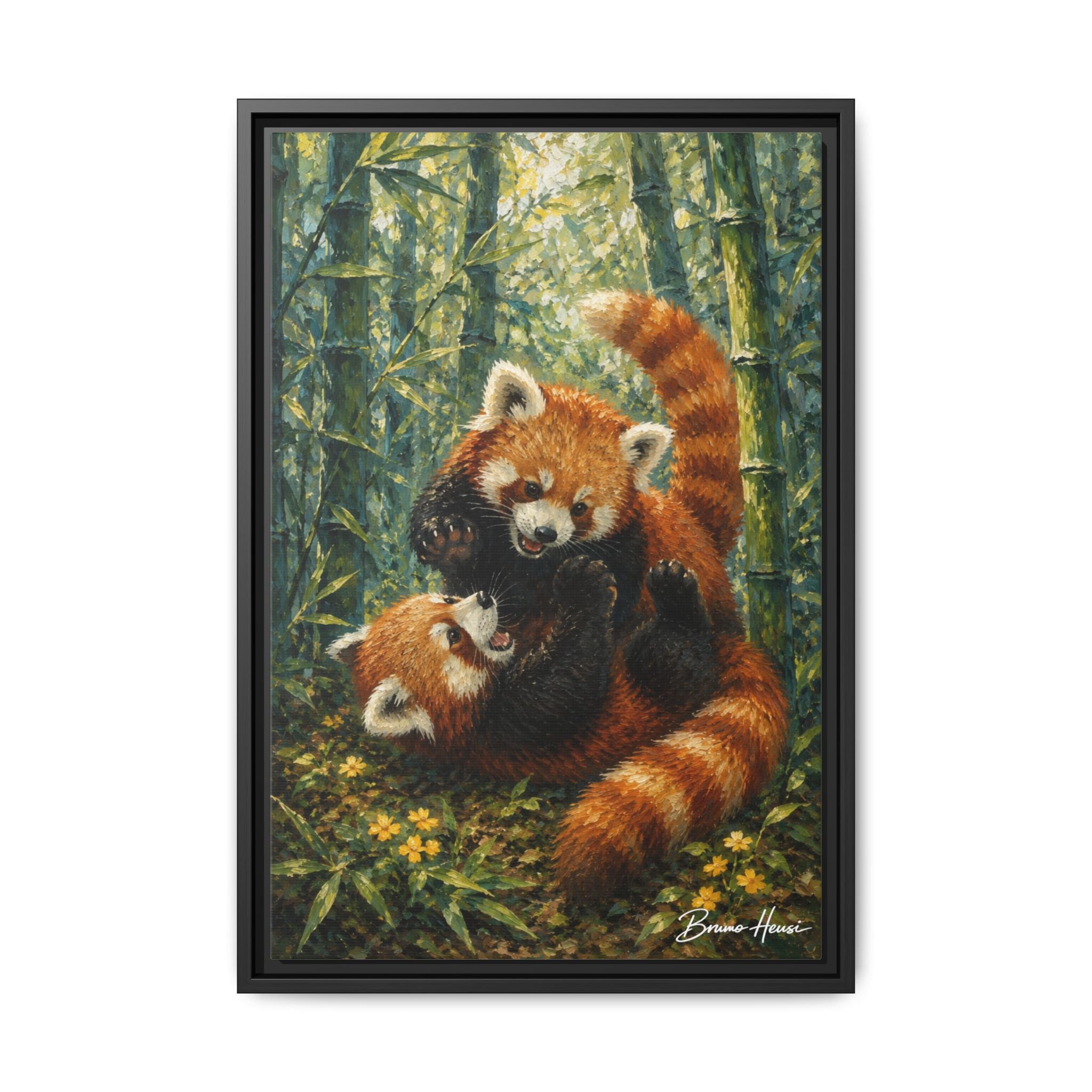 Red Panda Playtime Framed Canvas Wall Art — Playful Wildlife Print