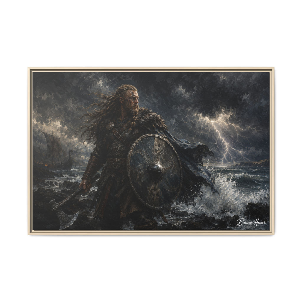 Viking Warrior Matte Framed Canvas Print — Stormy Norse Shield and Axe Wall Art