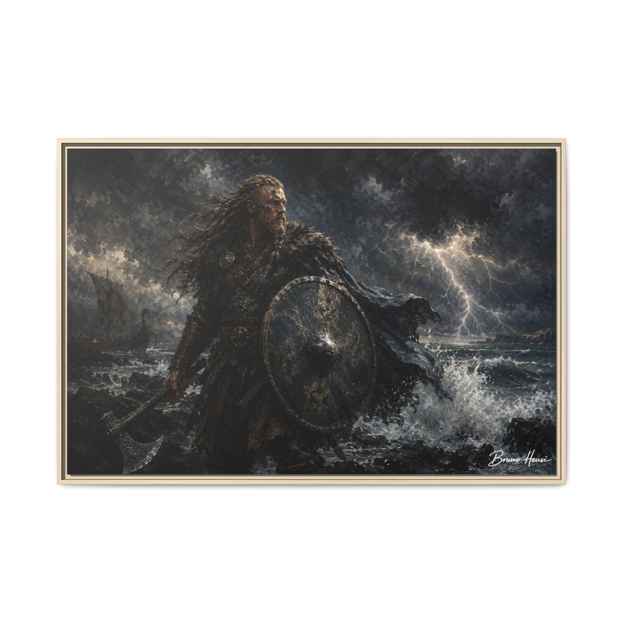 Viking Warrior Matte Framed Canvas Print — Stormy Norse Shield and Axe Wall Art