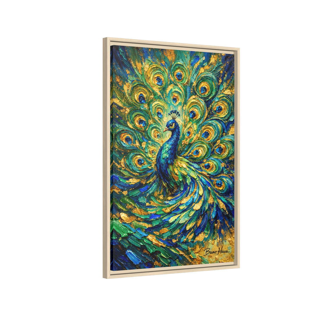 Peacock Oil-Style Framed Canvas Wall Art — Vibrant Blue & Gold Peacock Painting