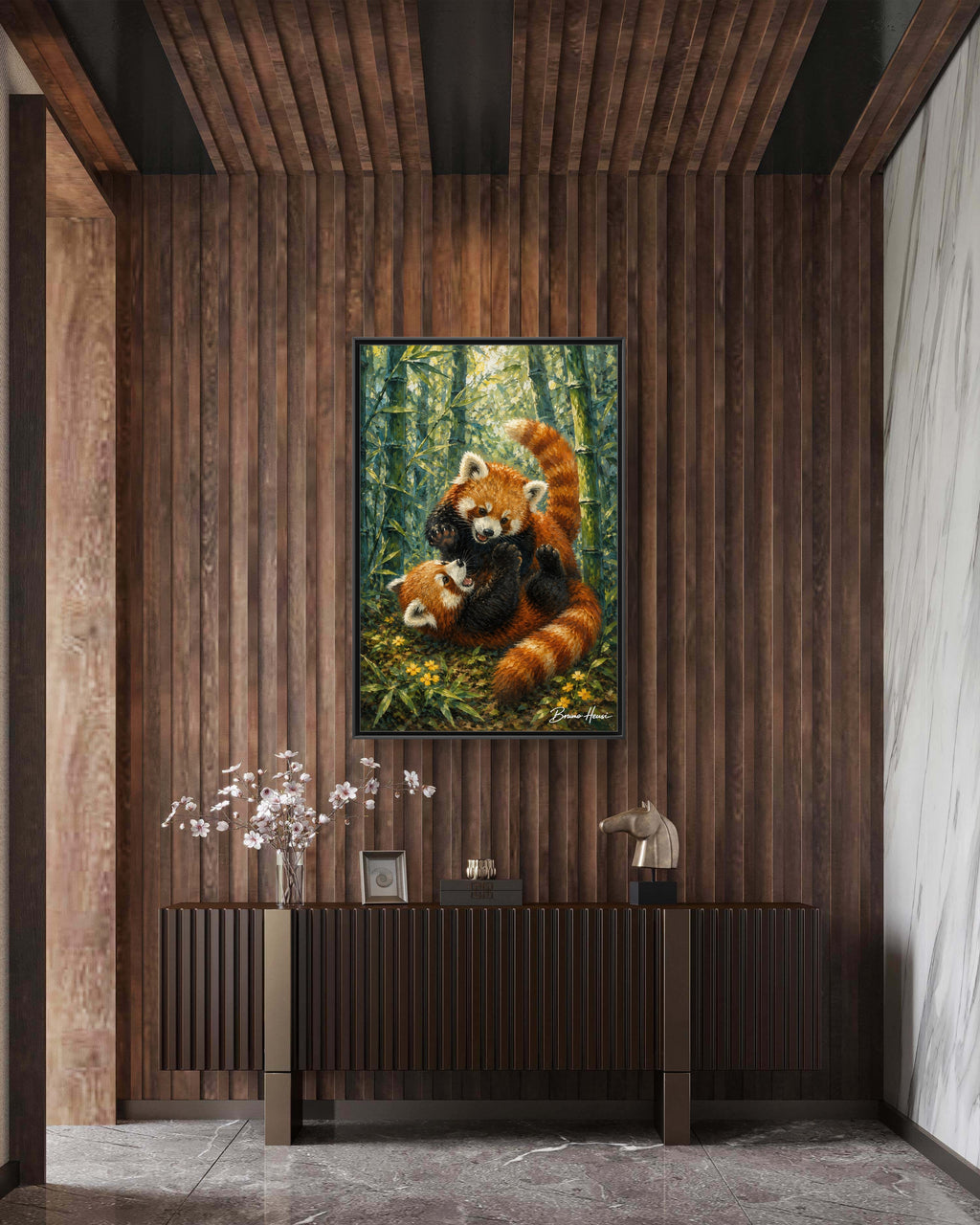 Red Panda Playtime Framed Canvas Wall Art — Playful Wildlife Print