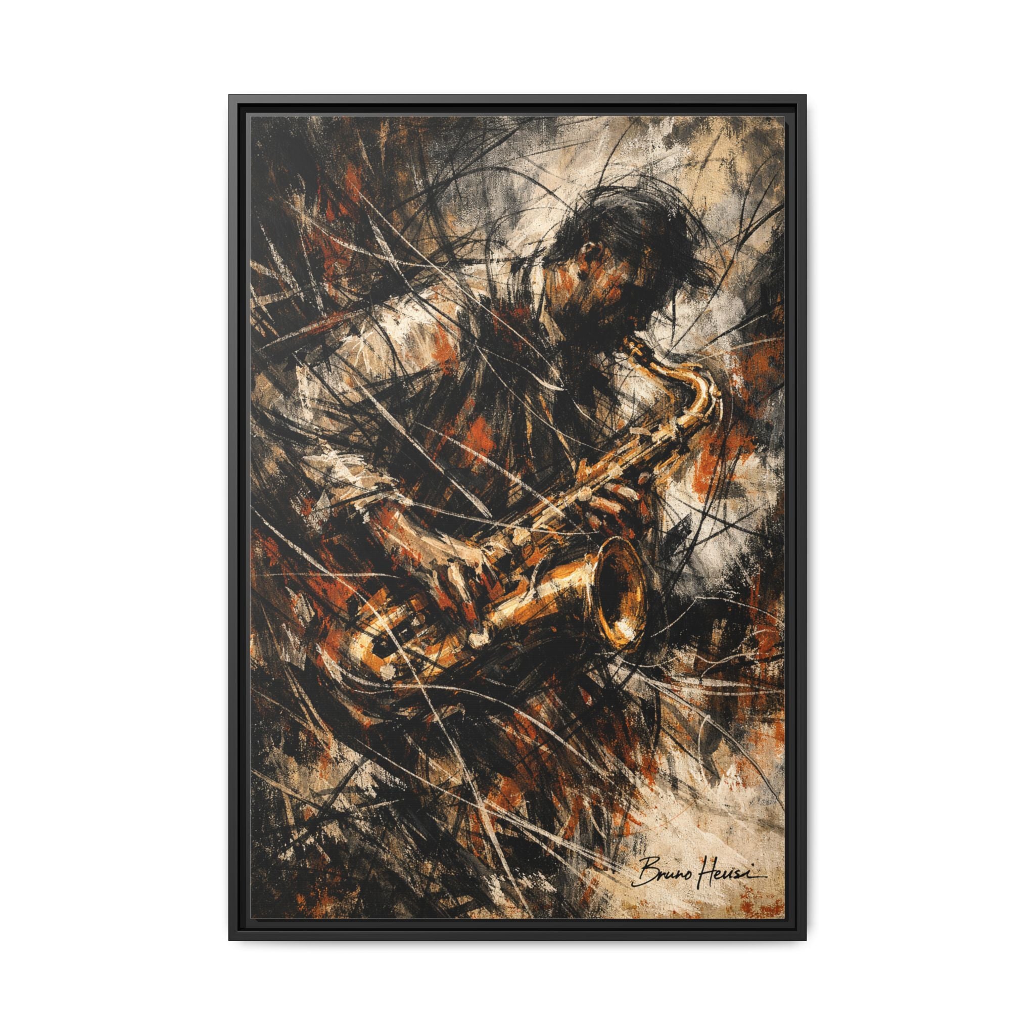 Saxophone Jazz Musician Framed Canvas Wall Art — Abstract Music Print