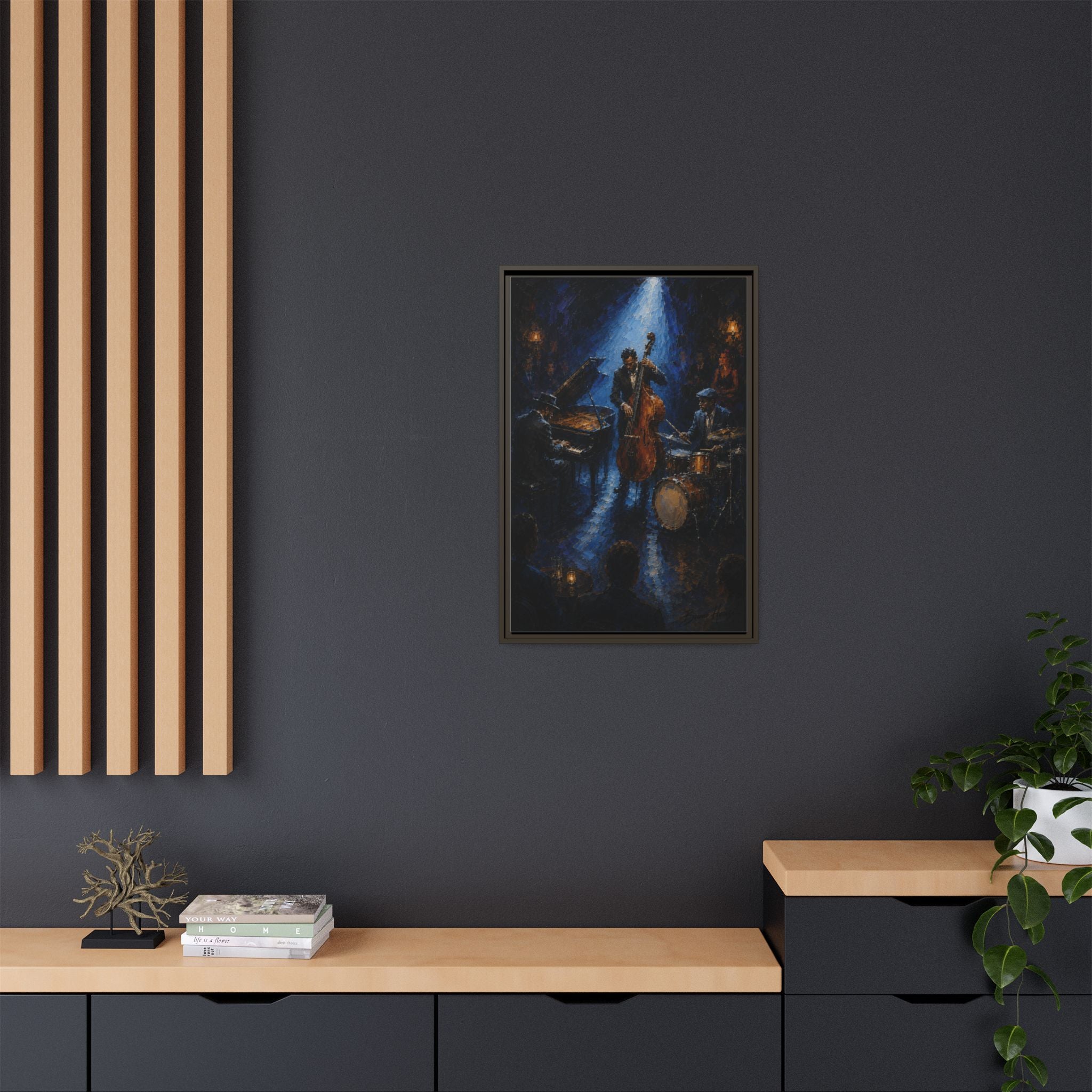 Framed Jazz Quartet Canvas Wall Art – Moody Blue Music Scene