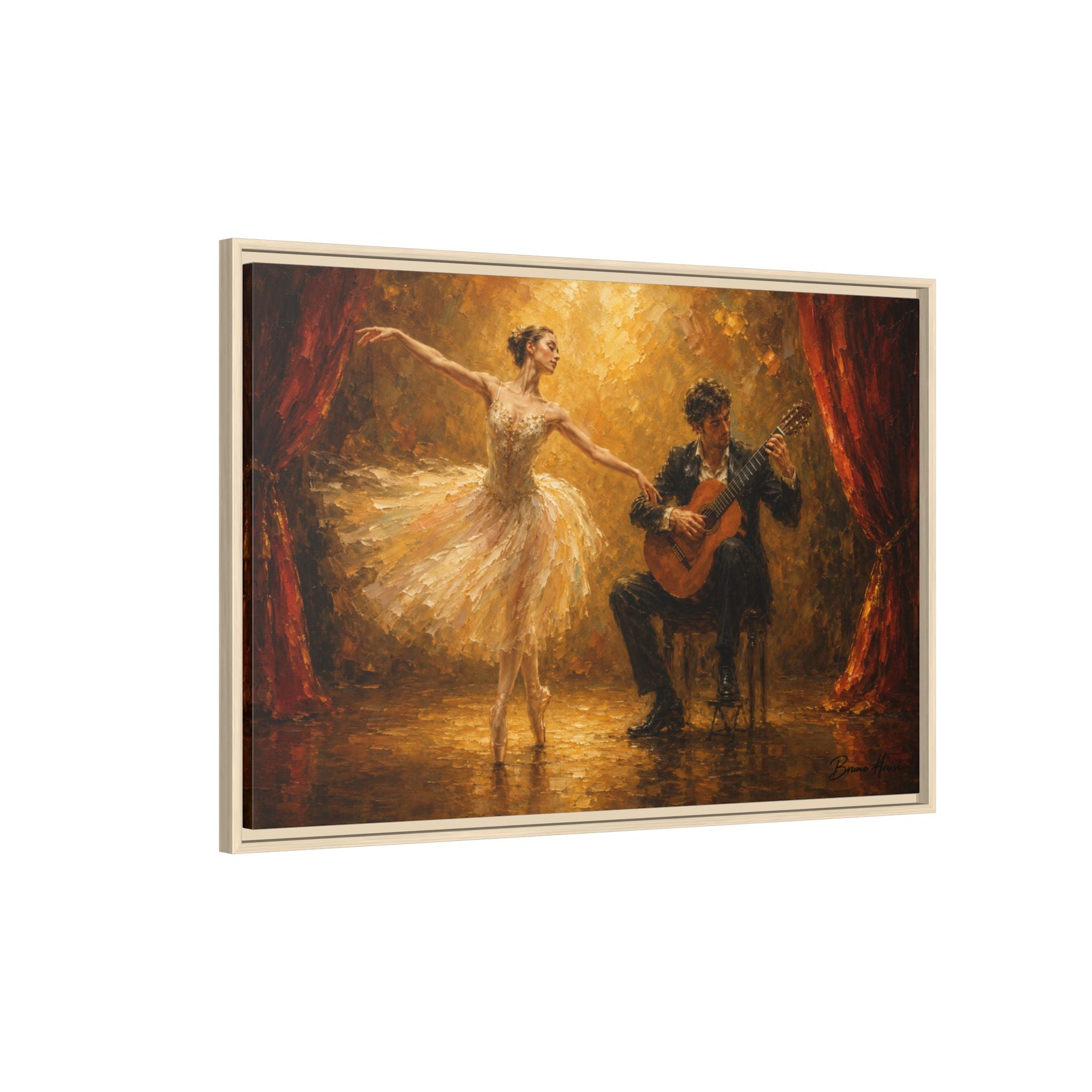 Ballet Dancer & Guitarist Framed Canvas Wall Art — Oil-Style Performance Print