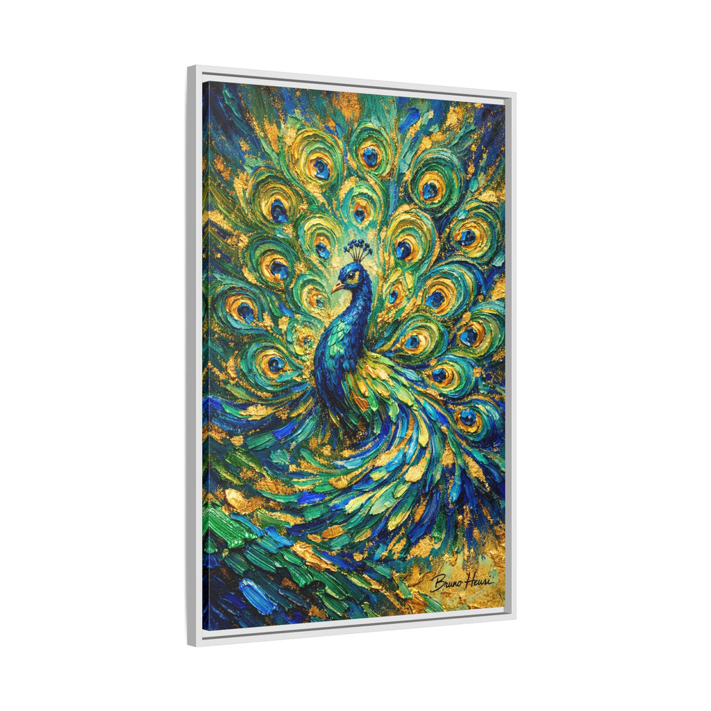 Peacock Oil-Style Framed Canvas Wall Art — Vibrant Blue & Gold Peacock Painting