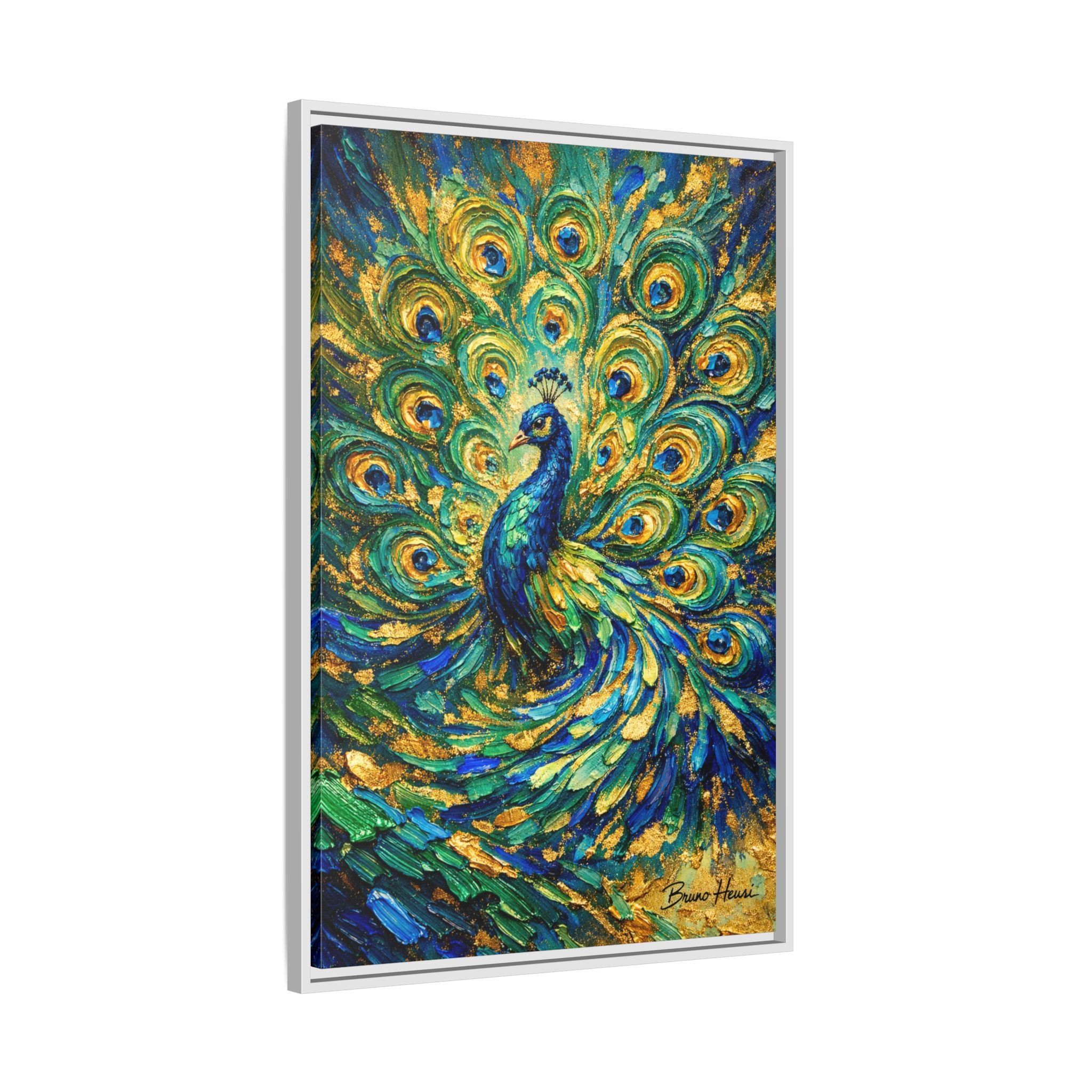 Peacock Oil-Style Framed Canvas Wall Art — Vibrant Blue & Gold Peacock Painting