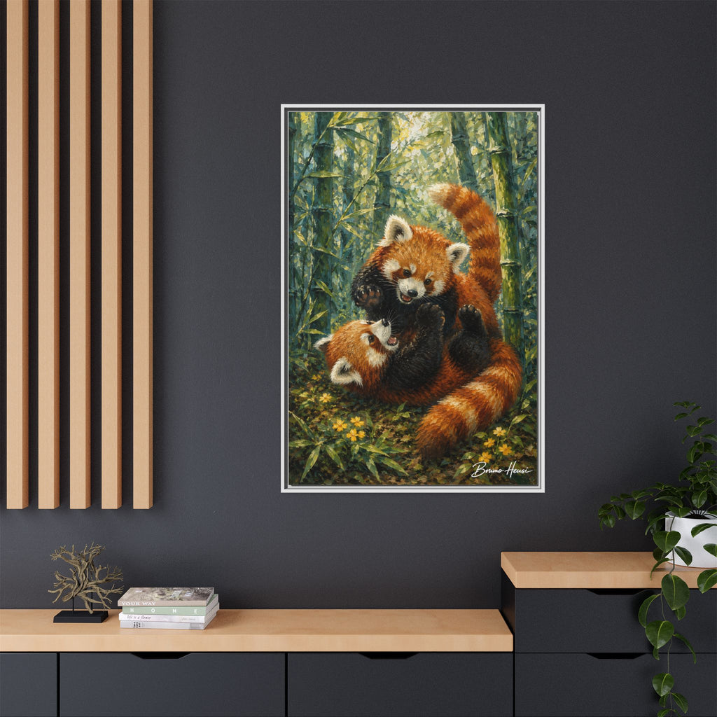 Red Panda Playtime Framed Canvas Wall Art — Playful Wildlife Print