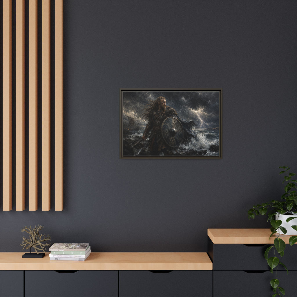 Viking Warrior Matte Framed Canvas Print — Stormy Norse Shield and Axe Wall Art