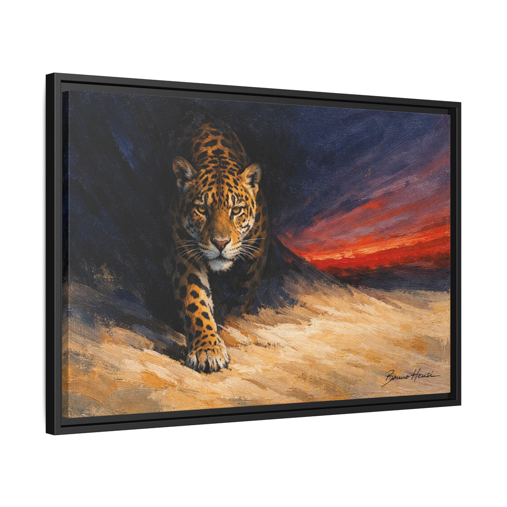 Framed Jaguar Canvas Art – Majestic Big Cat Painting with Sunset Sky