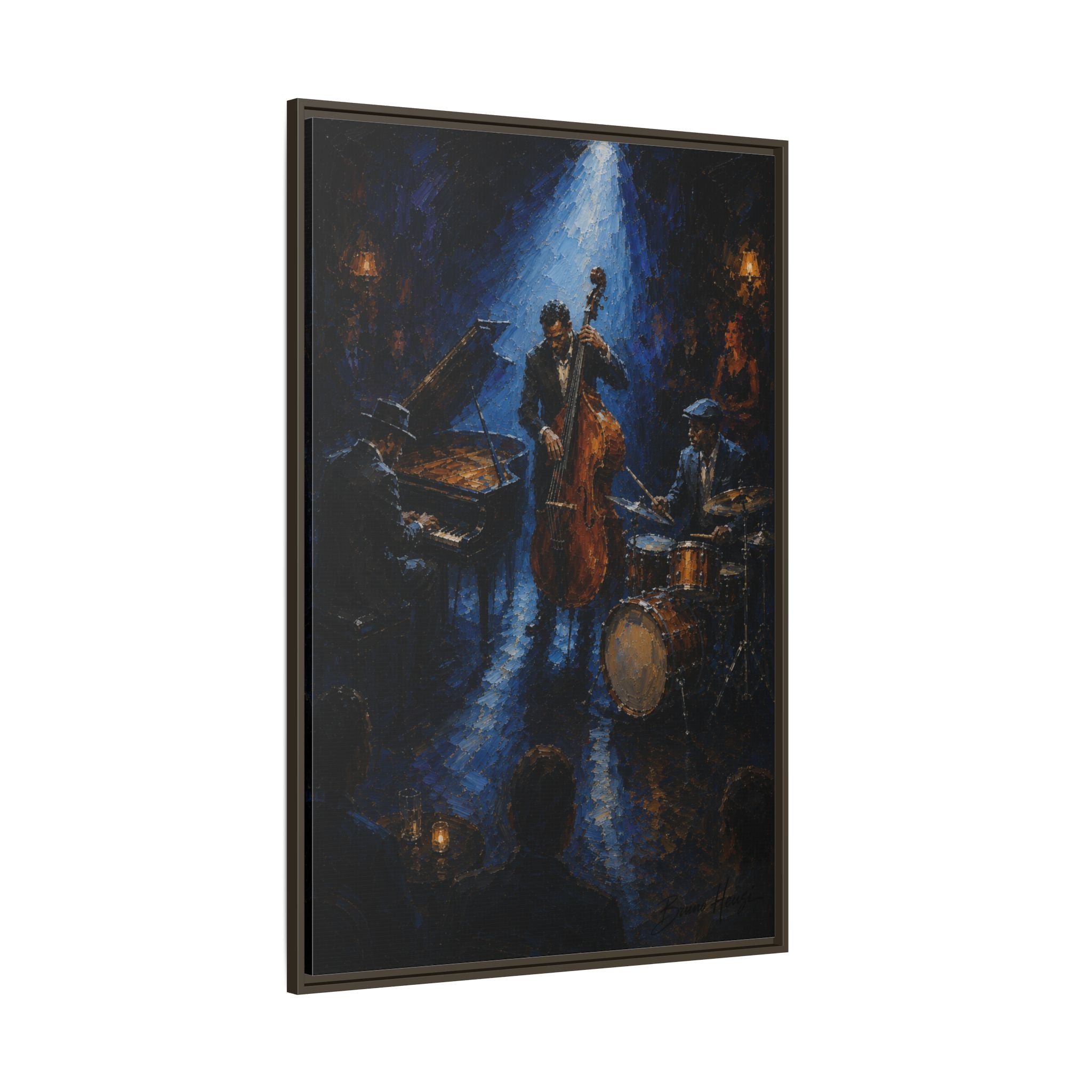 Framed Jazz Quartet Canvas Wall Art – Moody Blue Music Scene