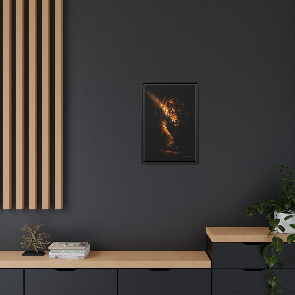 Tiger in the Shadows Matte Framed Canvas Print — Dramatic Wildlife Wall Art
