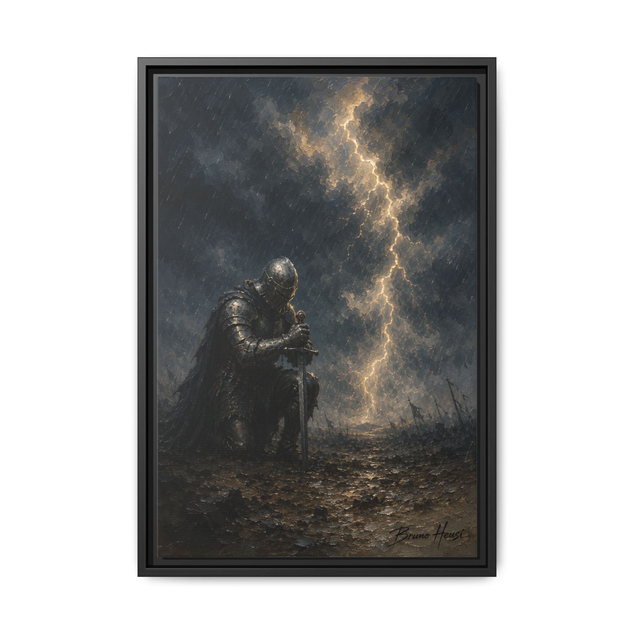 Knight in Thunderstorm Matte Framed Canvas — Dark Fantasy Wall Art