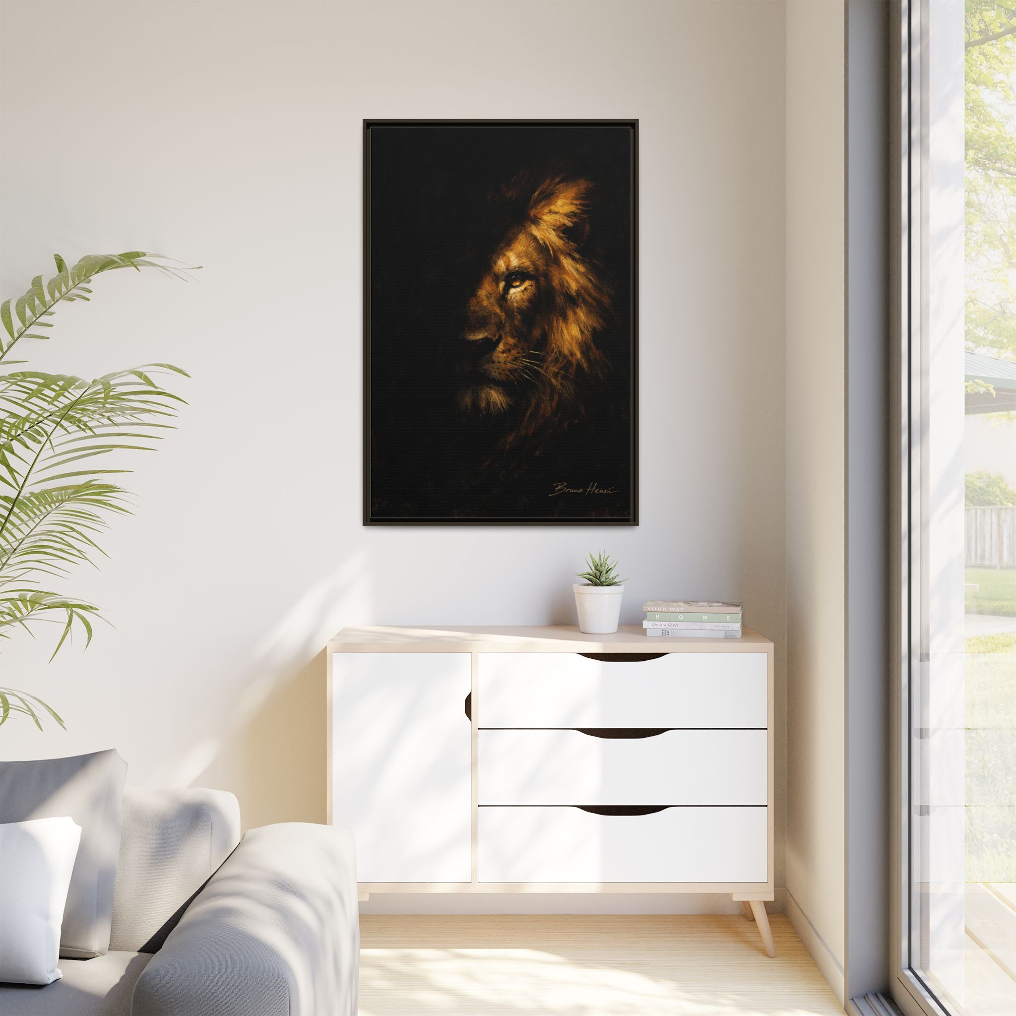 Majestic Lion Portrait Framed Canvas Wall Art — Golden Mane on Black Matte Print