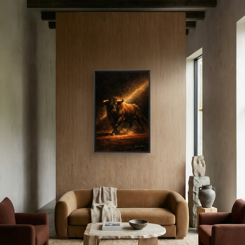 Framed Matte Canvas Art - Dramatic Charging Bull Painting