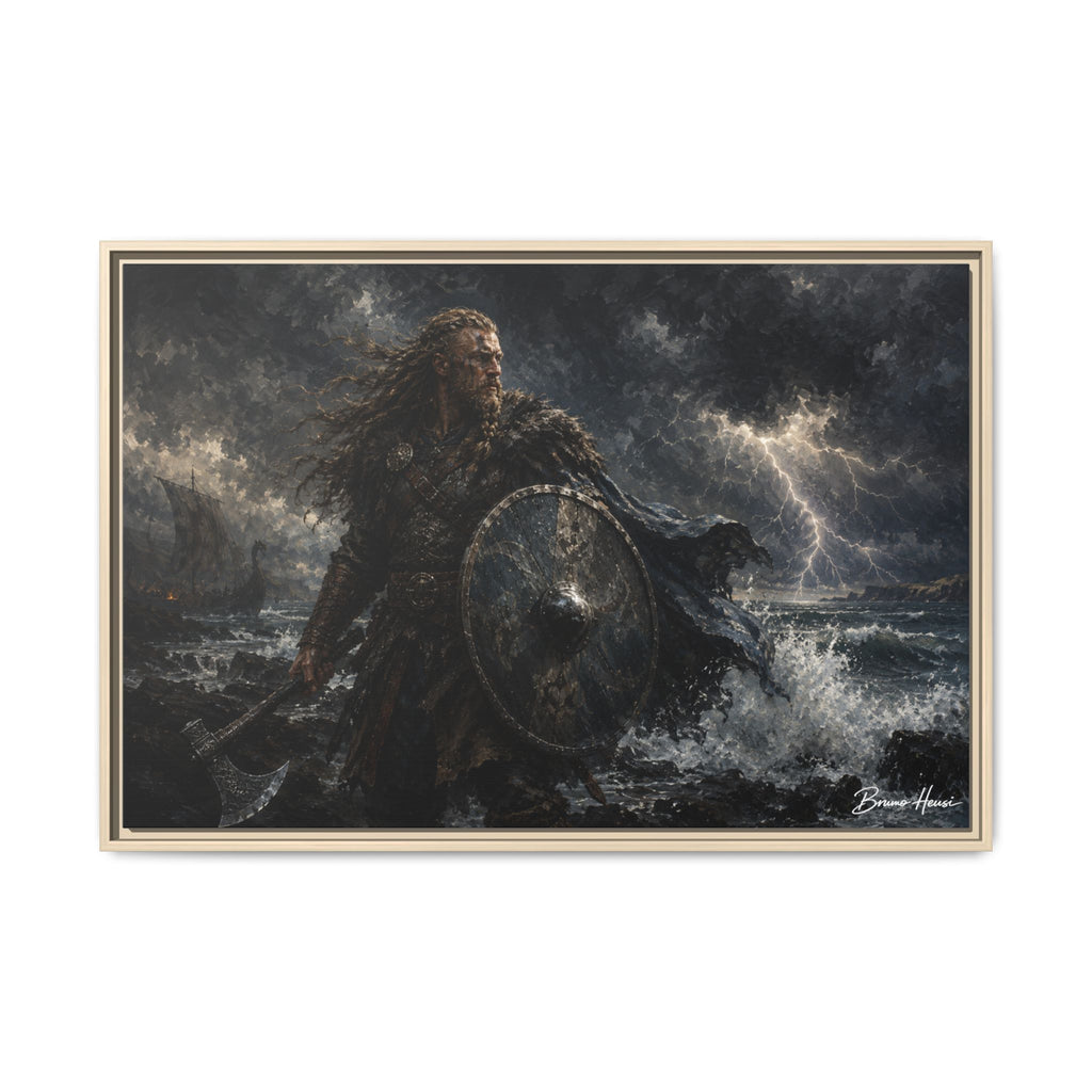 Viking Warrior Matte Framed Canvas Print — Stormy Norse Shield and Axe Wall Art