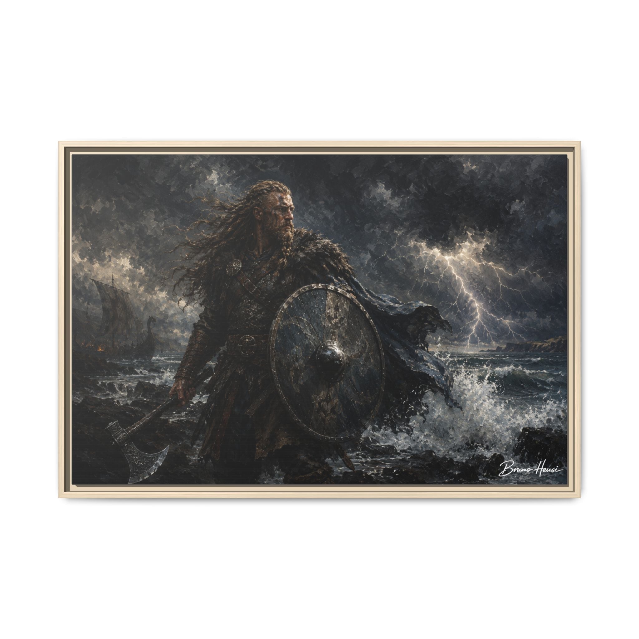 Viking Warrior Matte Framed Canvas Print — Stormy Norse Shield and Axe Wall Art