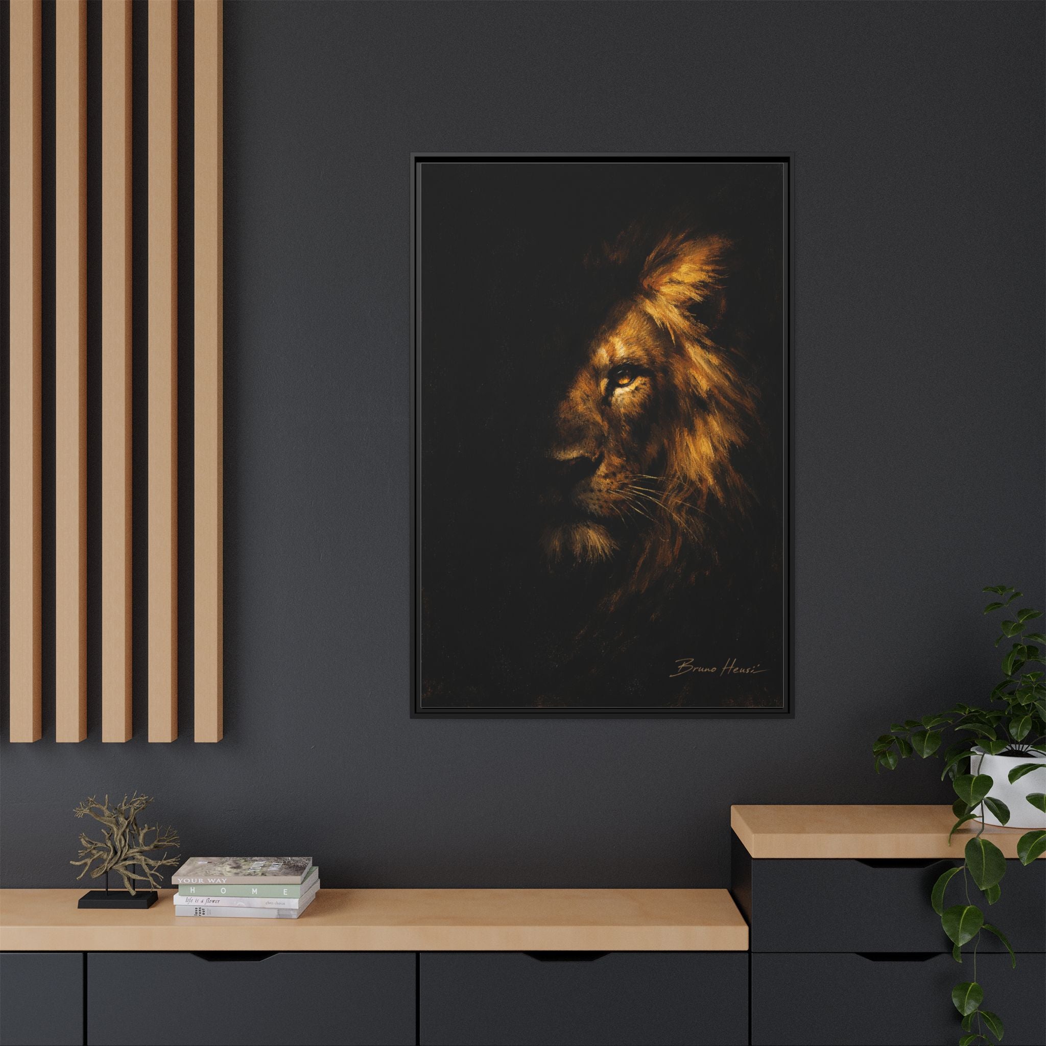 Majestic Lion Portrait Framed Canvas Wall Art — Golden Mane on Black Matte Print