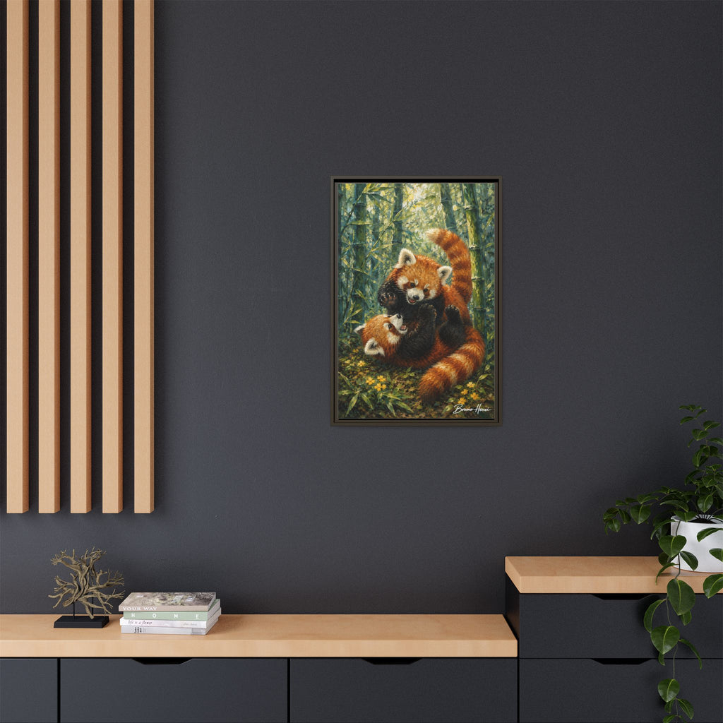 Red Panda Playtime Framed Canvas Wall Art — Playful Wildlife Print