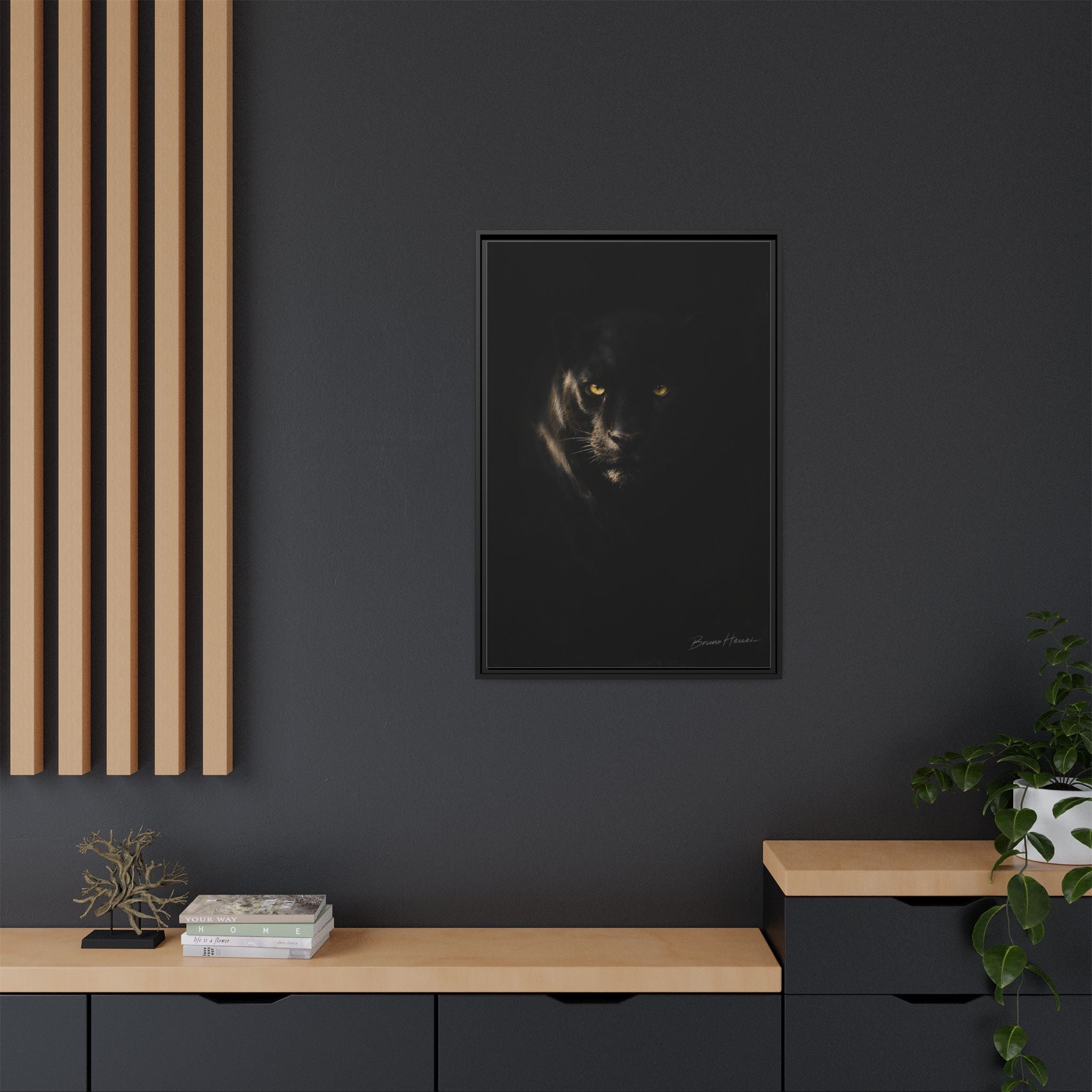 Framed Matte Canvas - Black Panther Wall Art with Golden Eyes