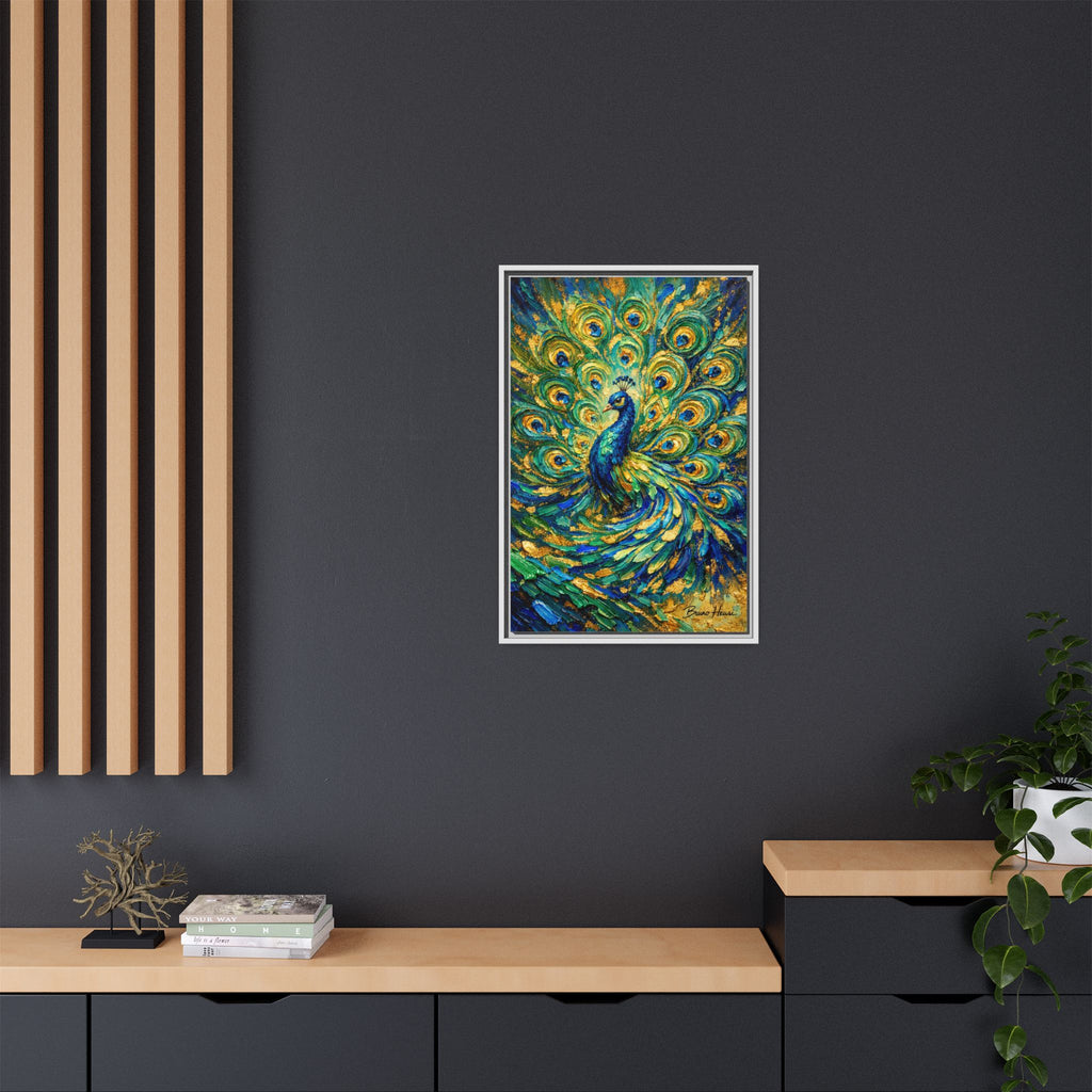 Peacock Oil-Style Framed Canvas Wall Art — Vibrant Blue & Gold Peacock Painting