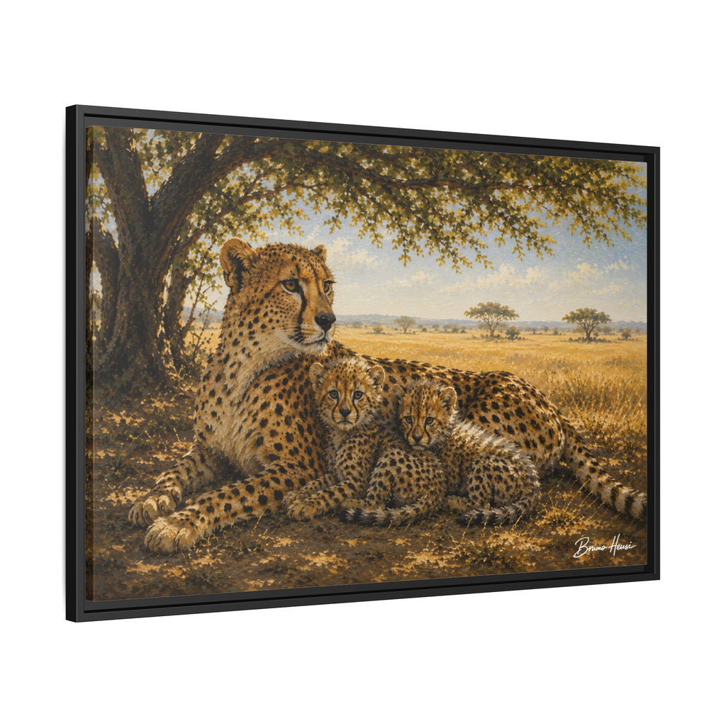 Cheetah Mother & Cubs Framed Canvas Wall Art – African Wildlife Safari Print