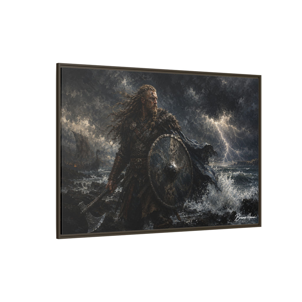 Viking Warrior Matte Framed Canvas Print — Stormy Norse Shield and Axe Wall Art