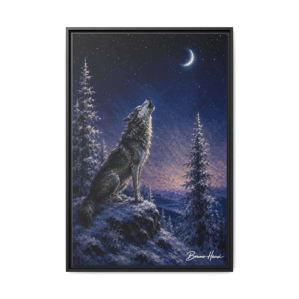 Howling Wolf Moon Framed Canvas Art - Matte Multi-Color Wilderness Print