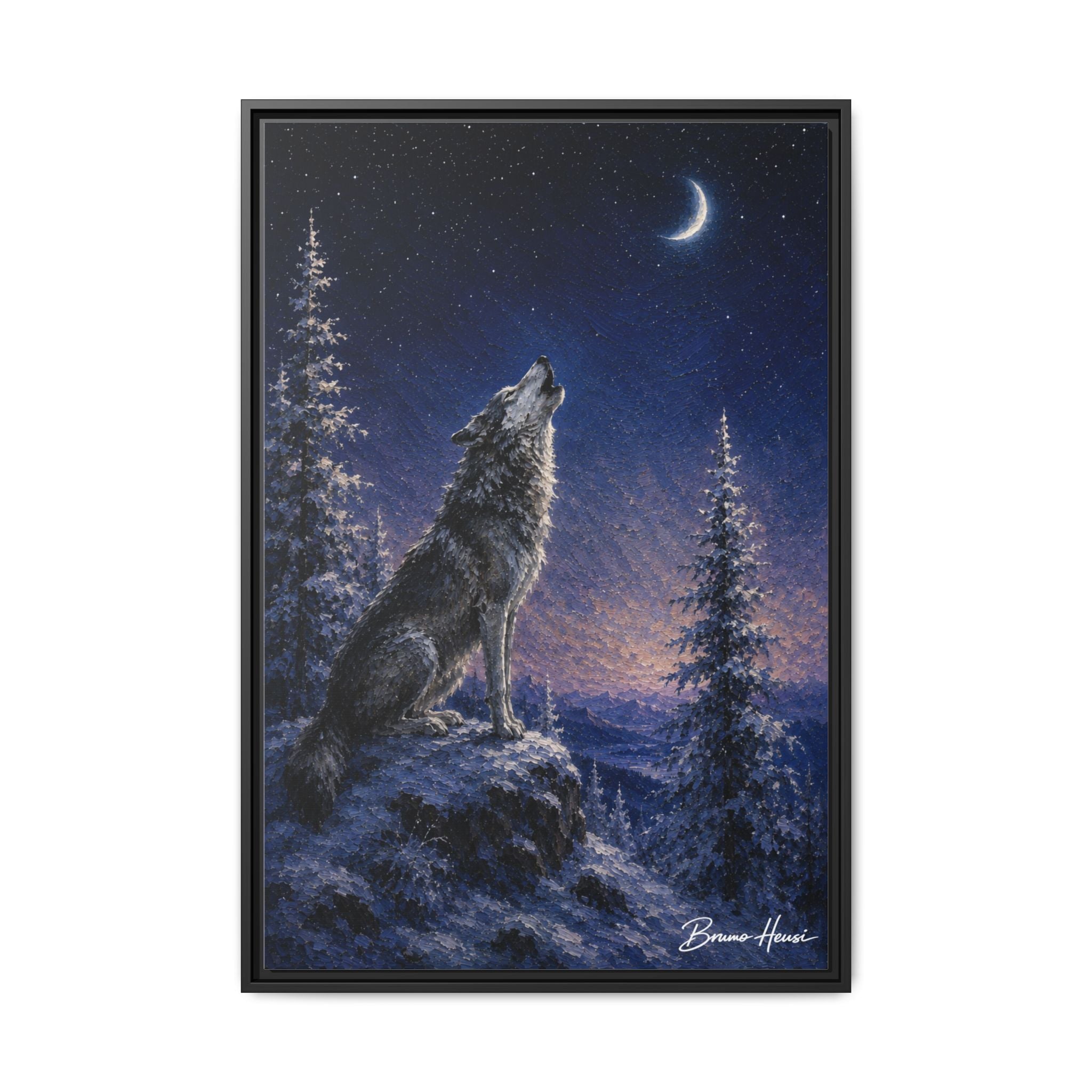 Howling Wolf Moon Framed Canvas Art - Matte Multi-Color Wilderness Print