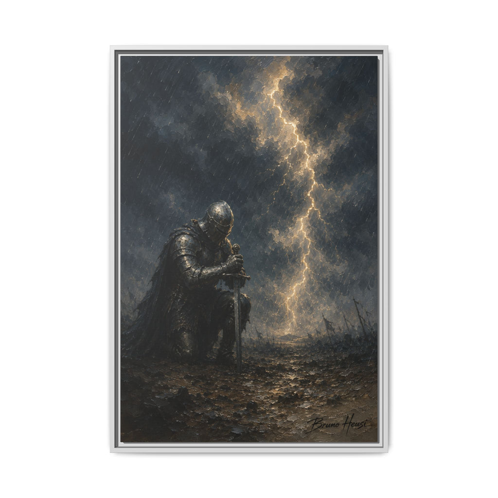 Knight in Thunderstorm Matte Framed Canvas — Dark Fantasy Wall Art