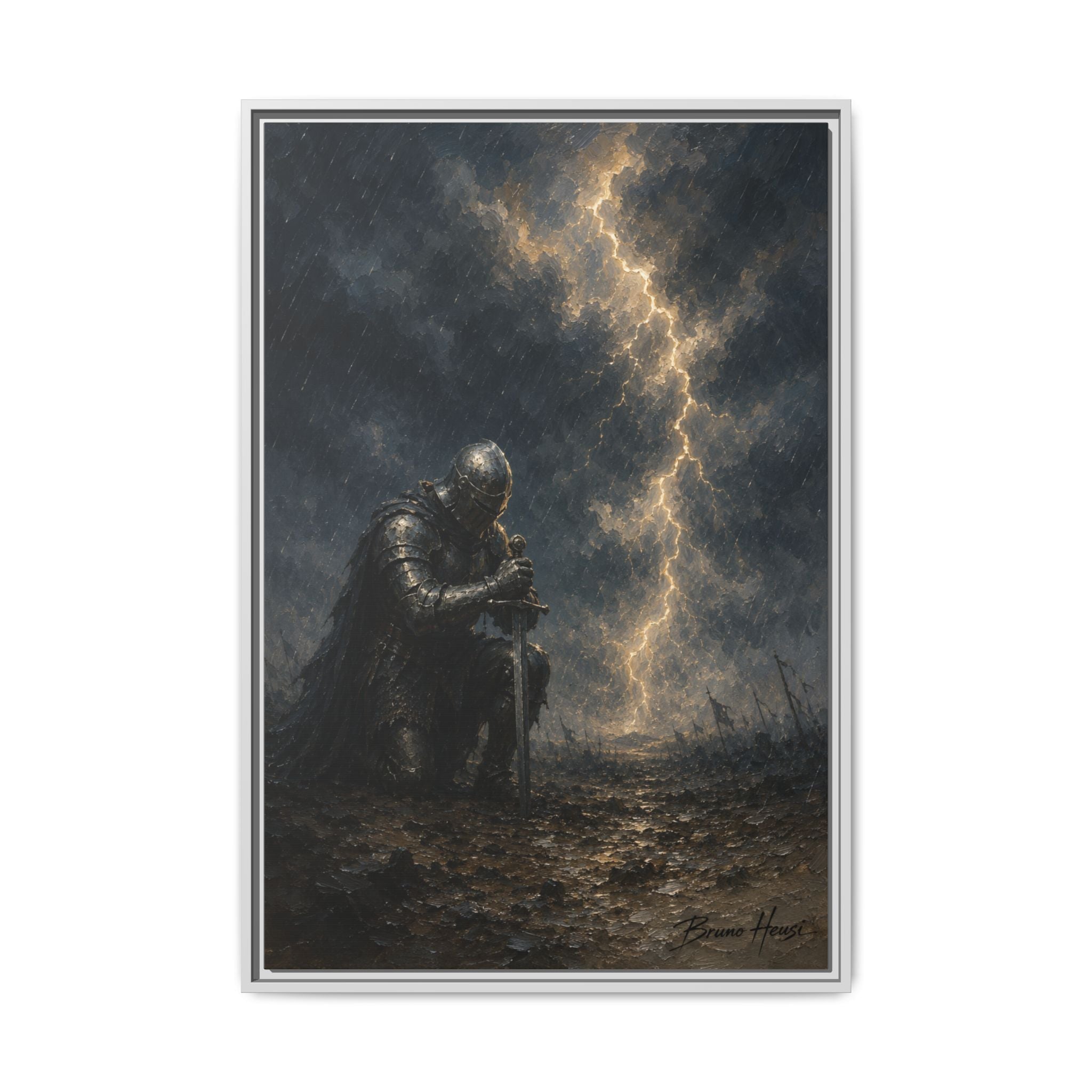 Knight in Thunderstorm Matte Framed Canvas — Dark Fantasy Wall Art