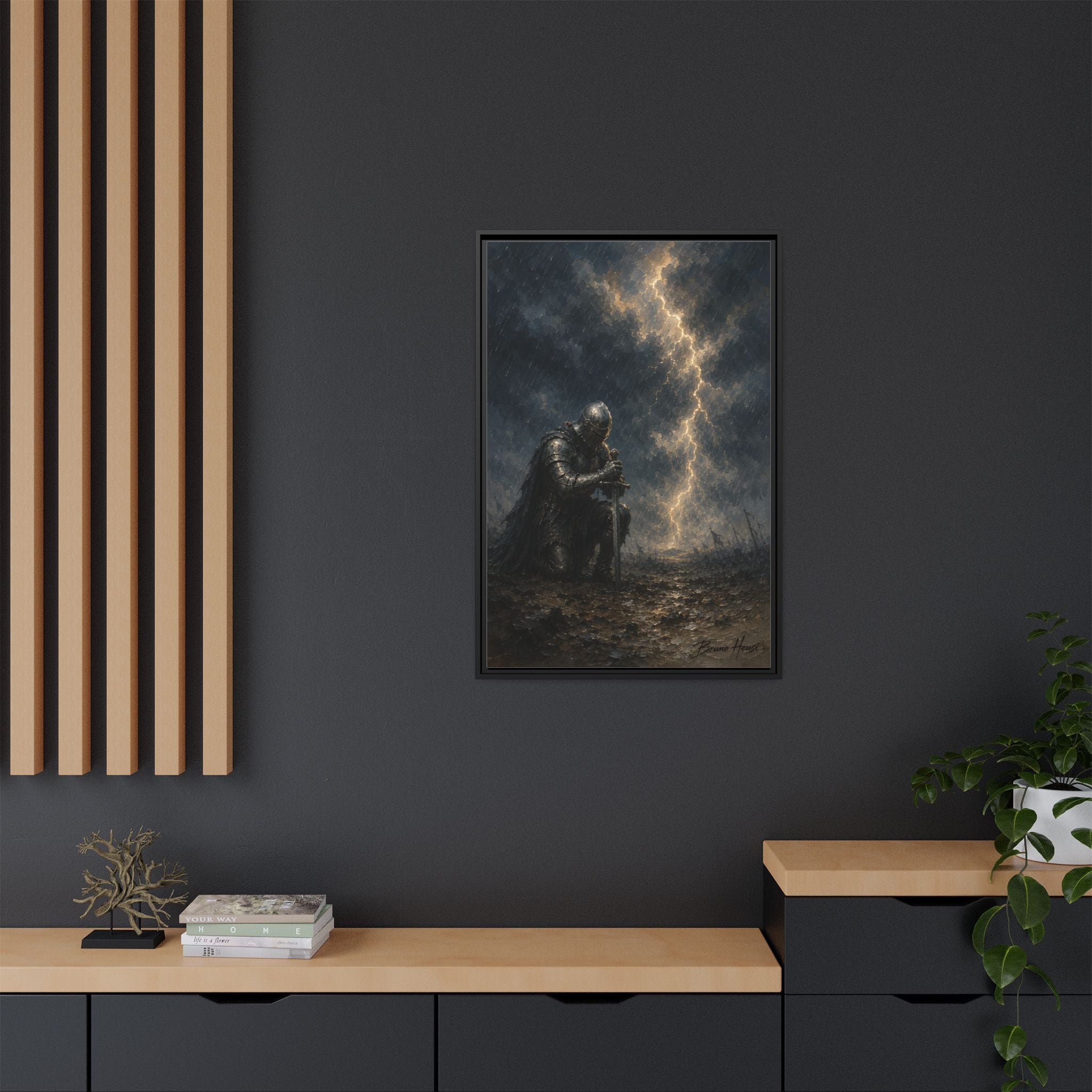 Knight in Thunderstorm Matte Framed Canvas — Dark Fantasy Wall Art