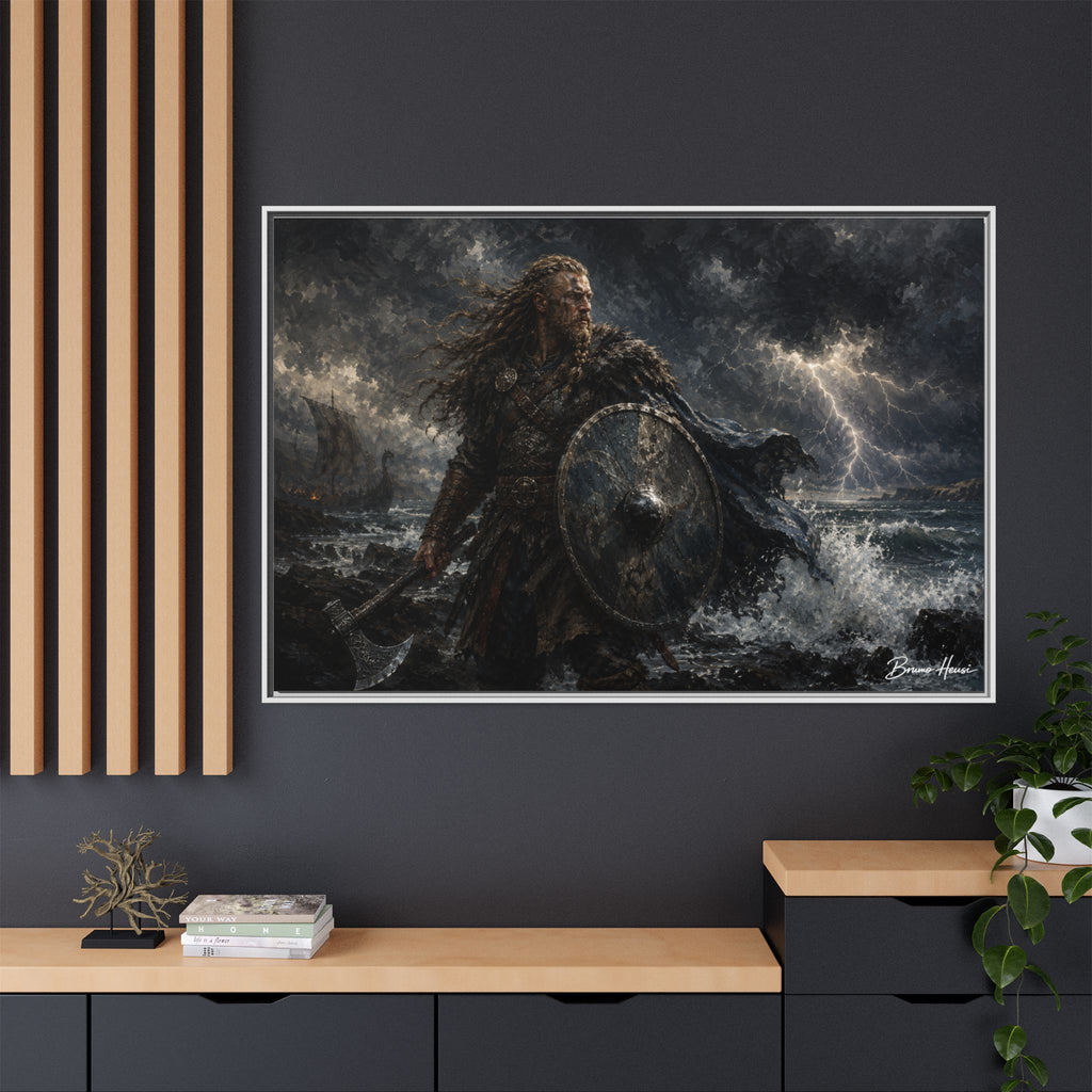 Viking Warrior Matte Framed Canvas Print — Stormy Norse Shield and Axe Wall Art