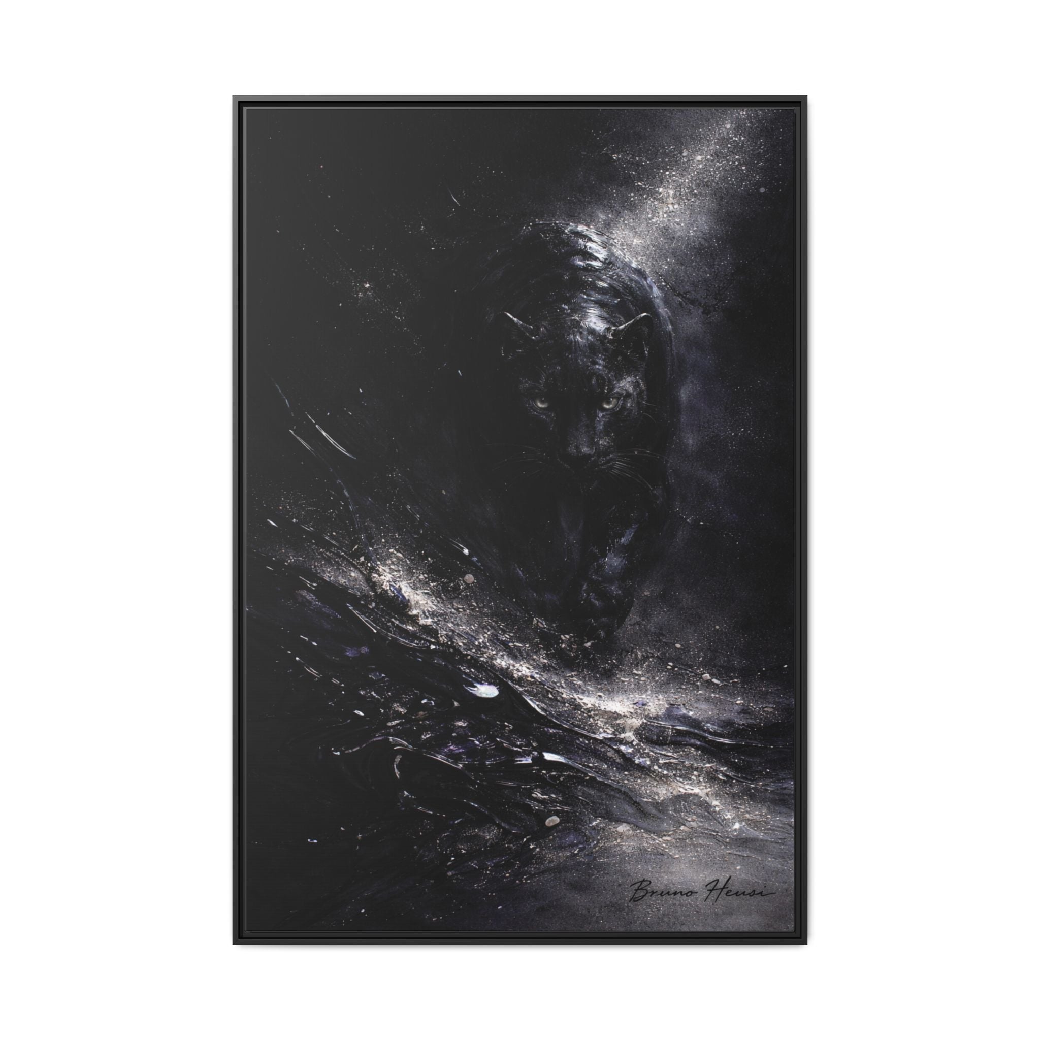 Cosmic Black Panther Matte Framed Canvas – Dark Abstract Wildlife Wall Art