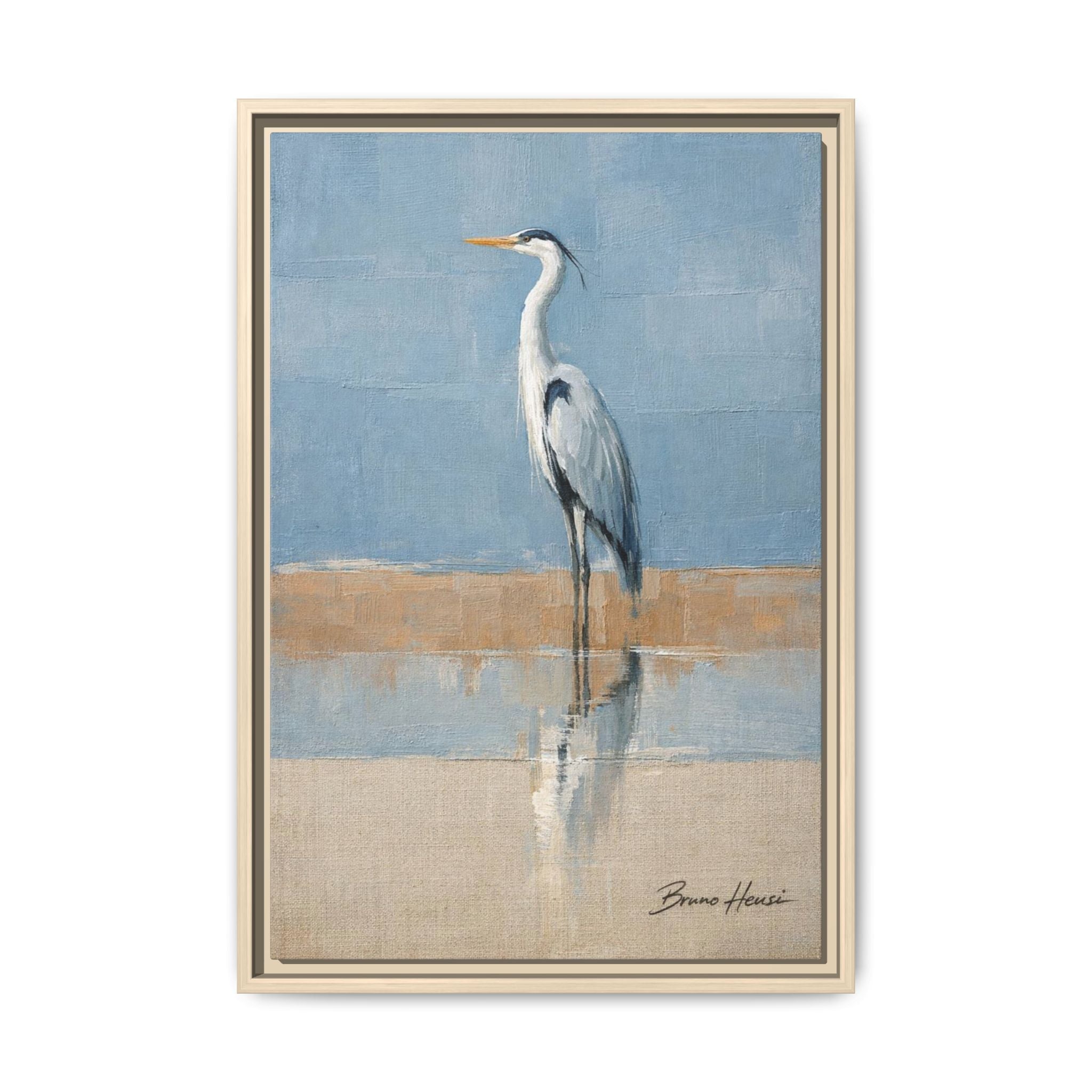 Framed Heron Canvas Art – Coastal Shorebird Wall Decor