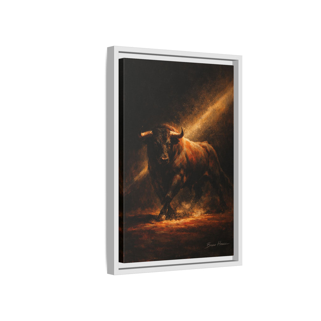 Framed Matte Canvas Art - Dramatic Charging Bull Painting