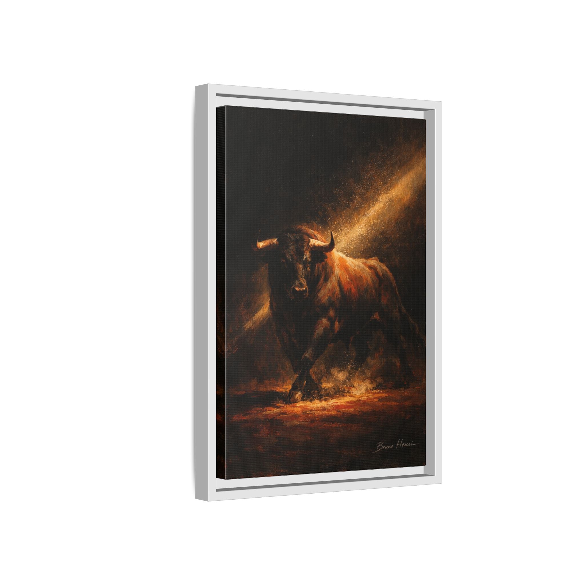 Framed Matte Canvas Art - Dramatic Charging Bull Painting