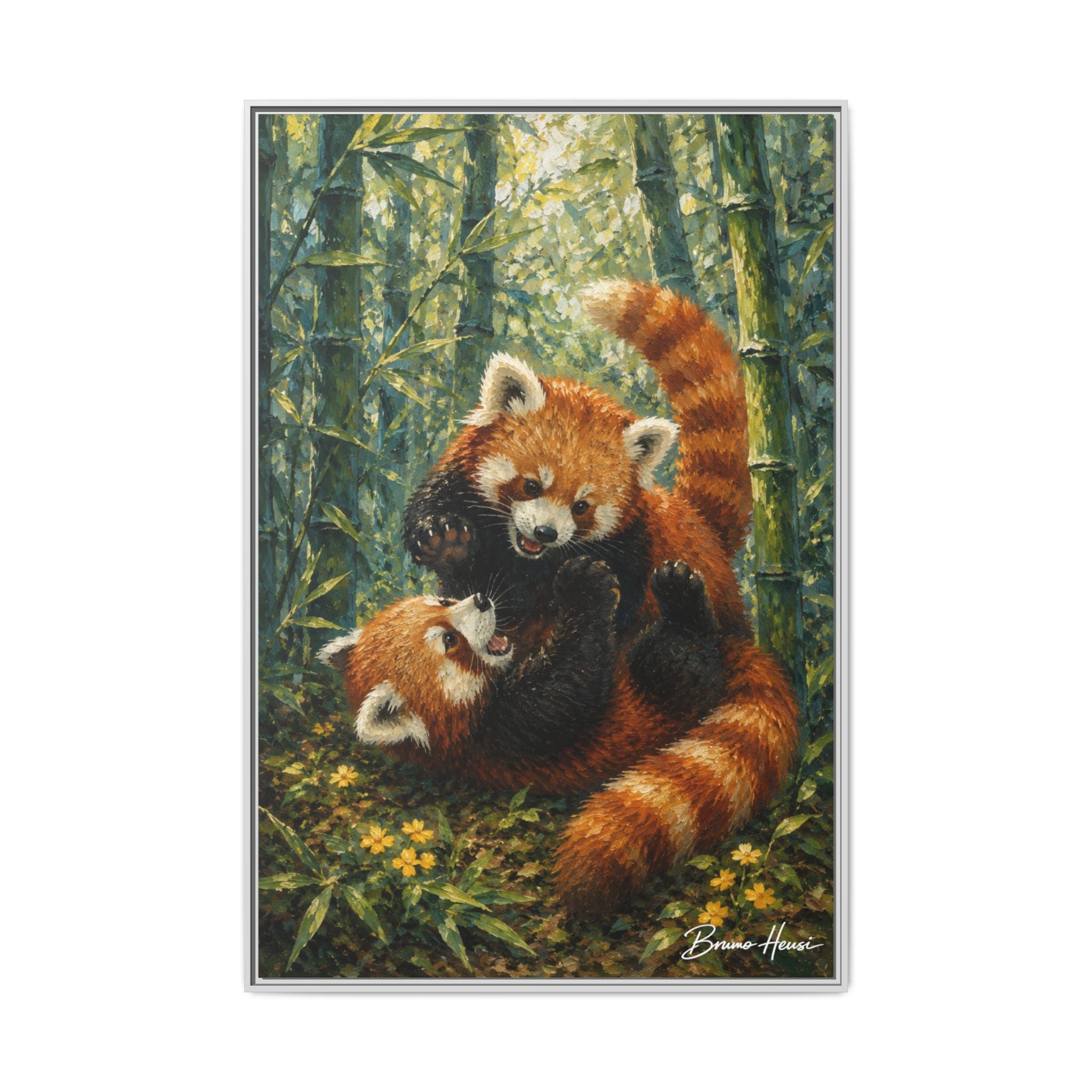 Red Panda Playtime Framed Canvas Wall Art — Playful Wildlife Print
