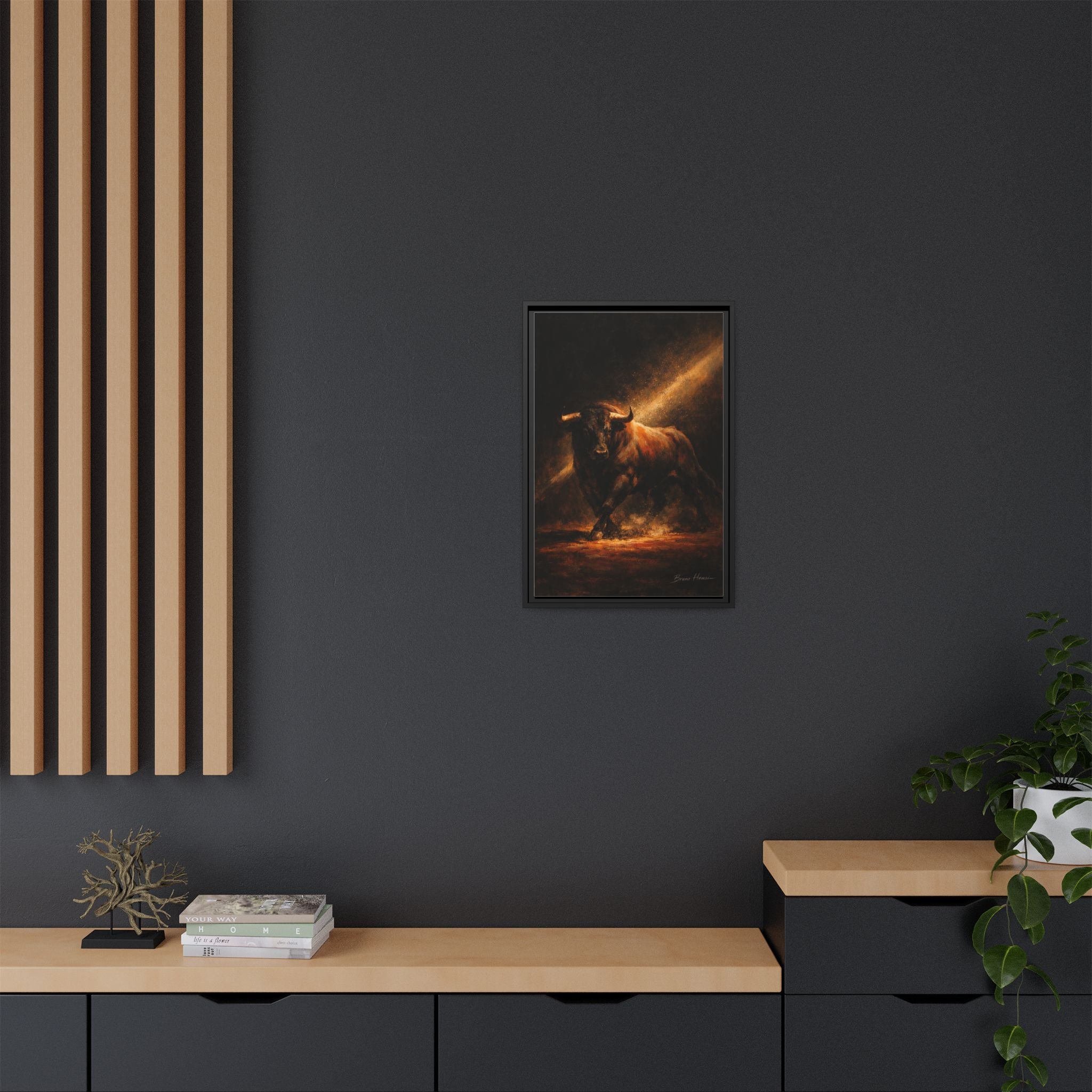 Framed Matte Canvas Art - Dramatic Charging Bull Painting