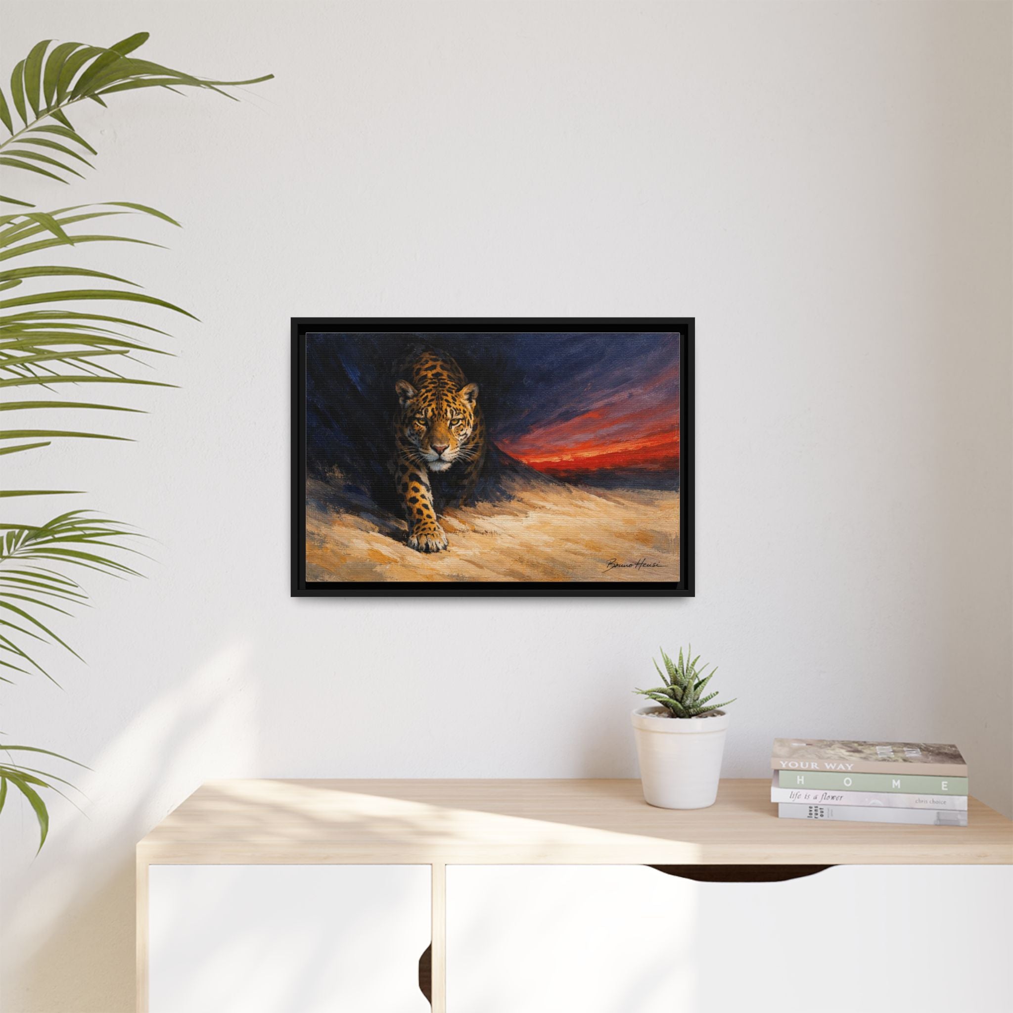 Framed Jaguar Canvas Art – Majestic Big Cat Painting with Sunset Sky