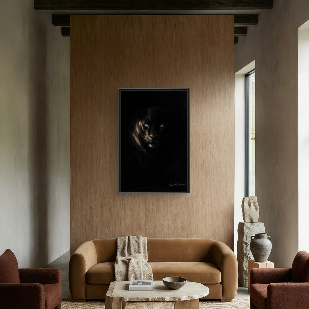 Framed Matte Canvas - Black Panther Wall Art with Golden Eyes