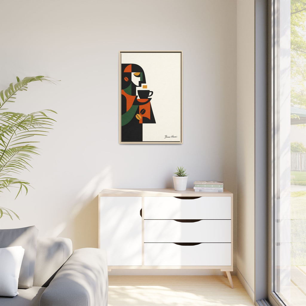 Abstract Coffee Drinker Framed Canvas Print — Modern Café Wall Art