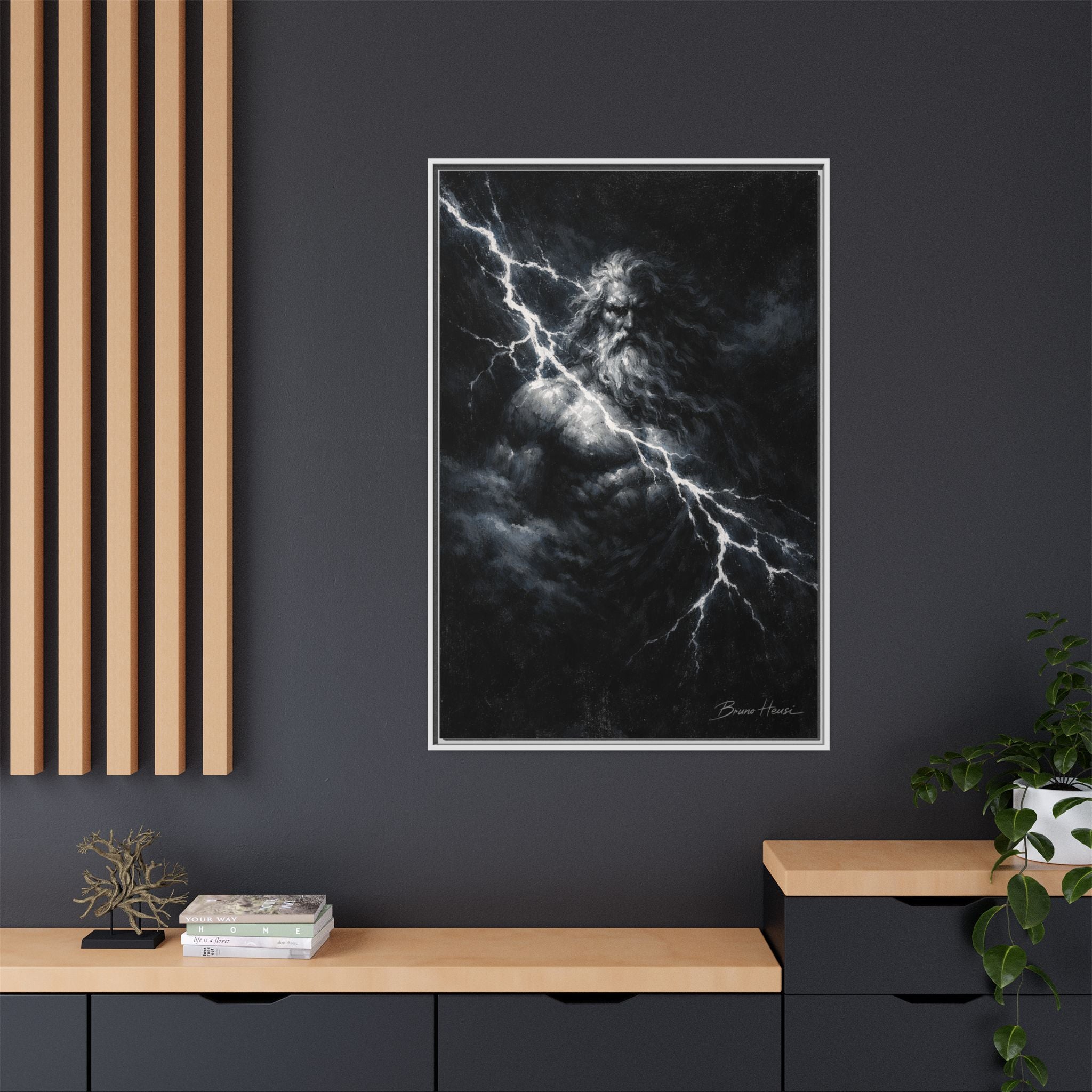 Zeus Lightning God Framed Canvas Wall Art — Stormy Mythology Print