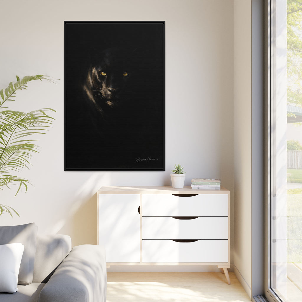 Framed Matte Canvas - Black Panther Wall Art with Golden Eyes