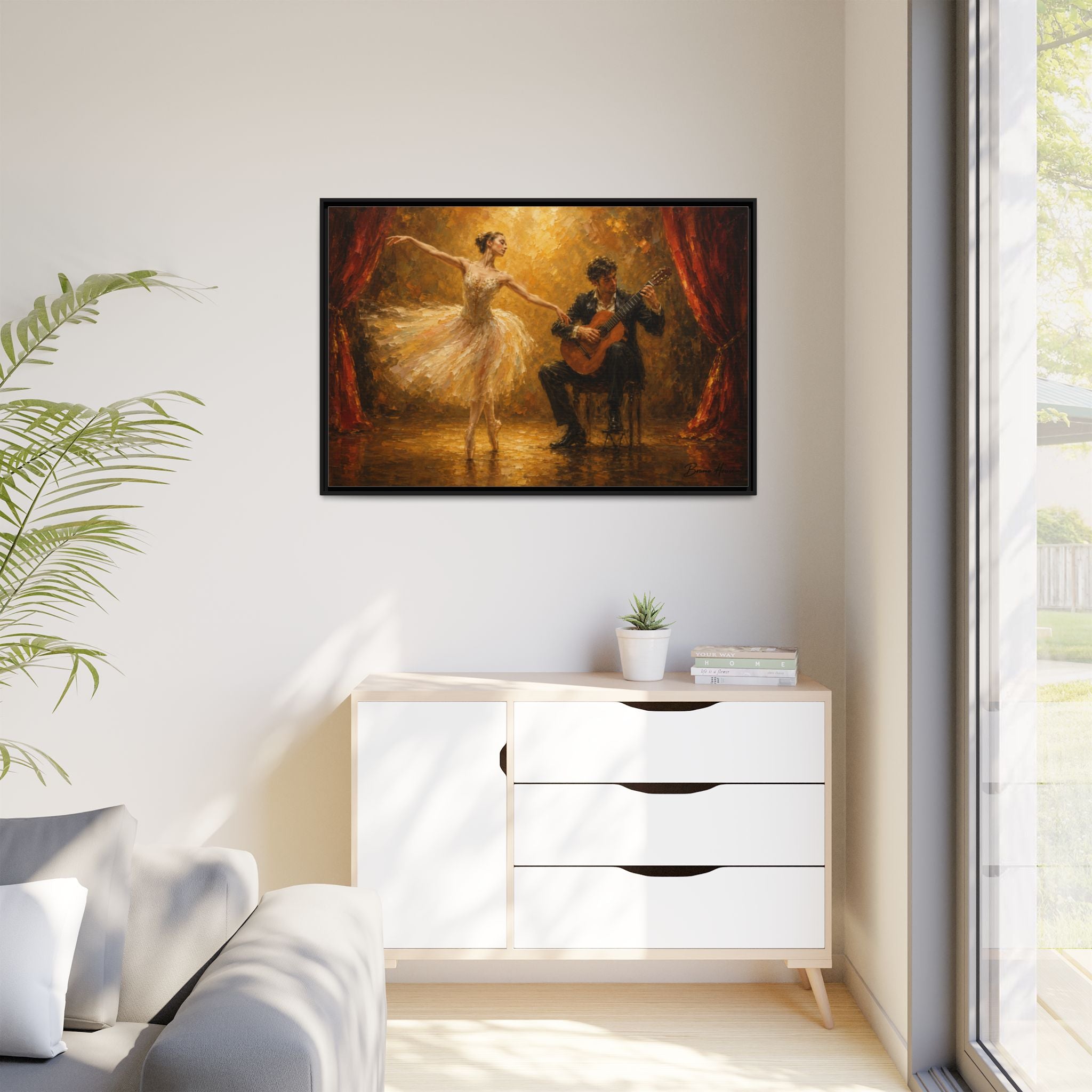 Ballet Dancer & Guitarist Framed Canvas Wall Art — Oil-Style Performance Print