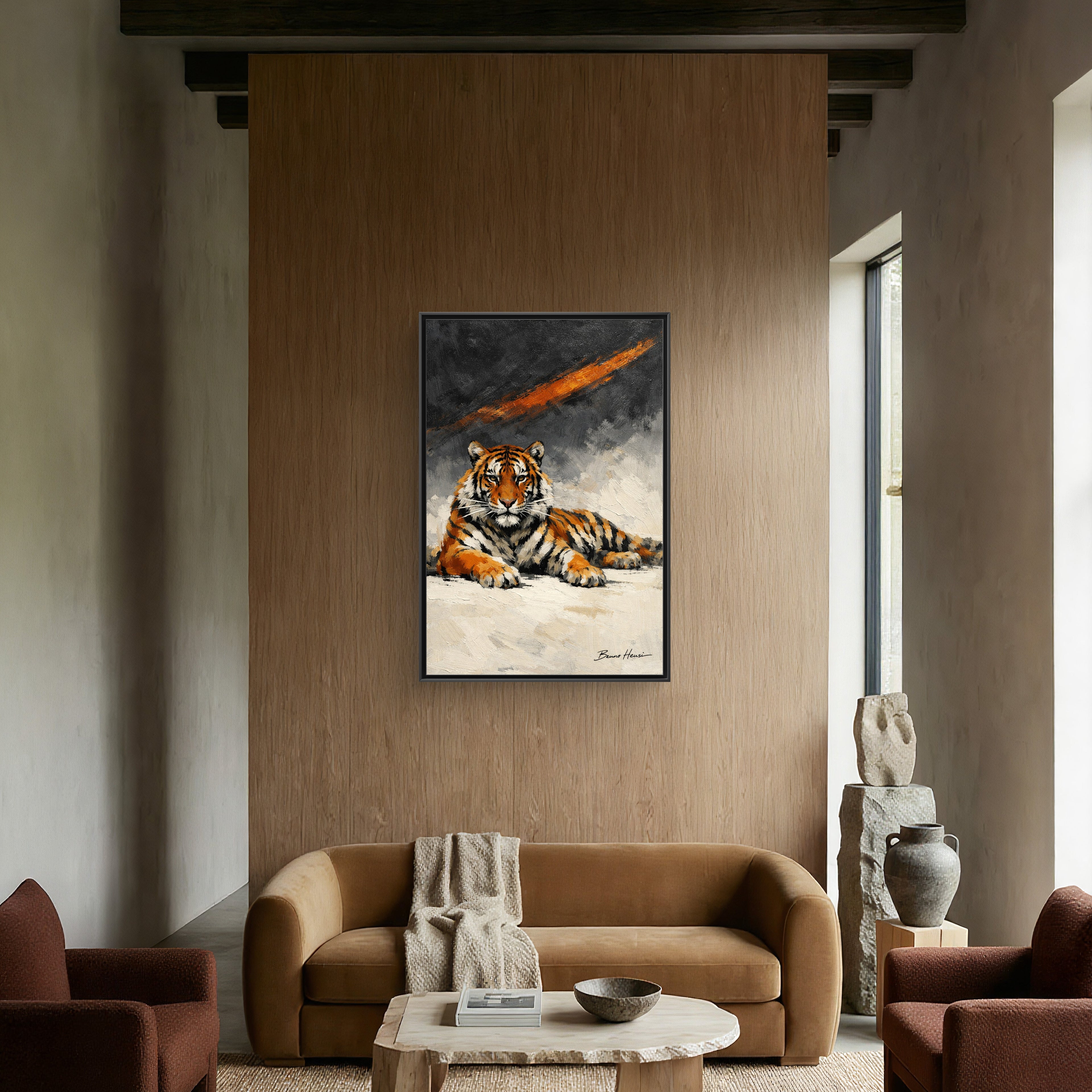 Framed Tiger Canvas Wall Art — Majestic Orange & Gray Matte Print